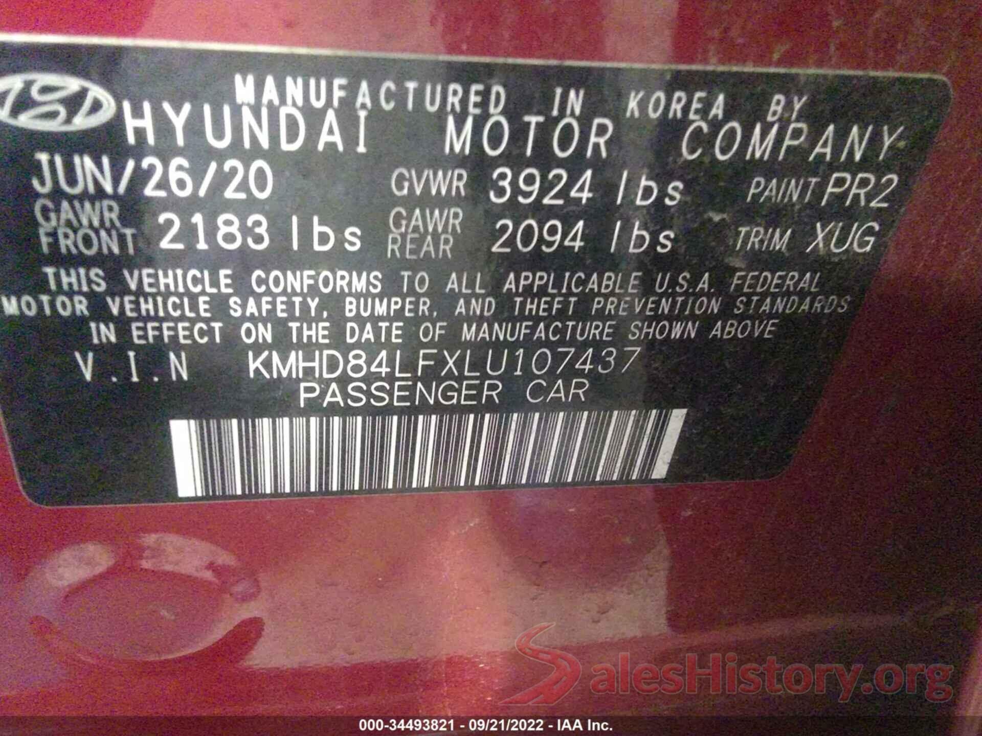 KMHD84LFXLU107437 2020 HYUNDAI ELANTRA