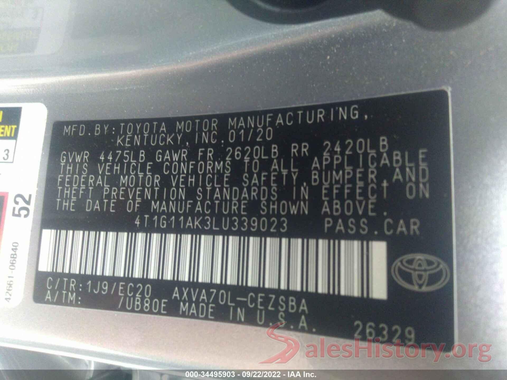 4T1G11AK3LU339023 2020 TOYOTA CAMRY