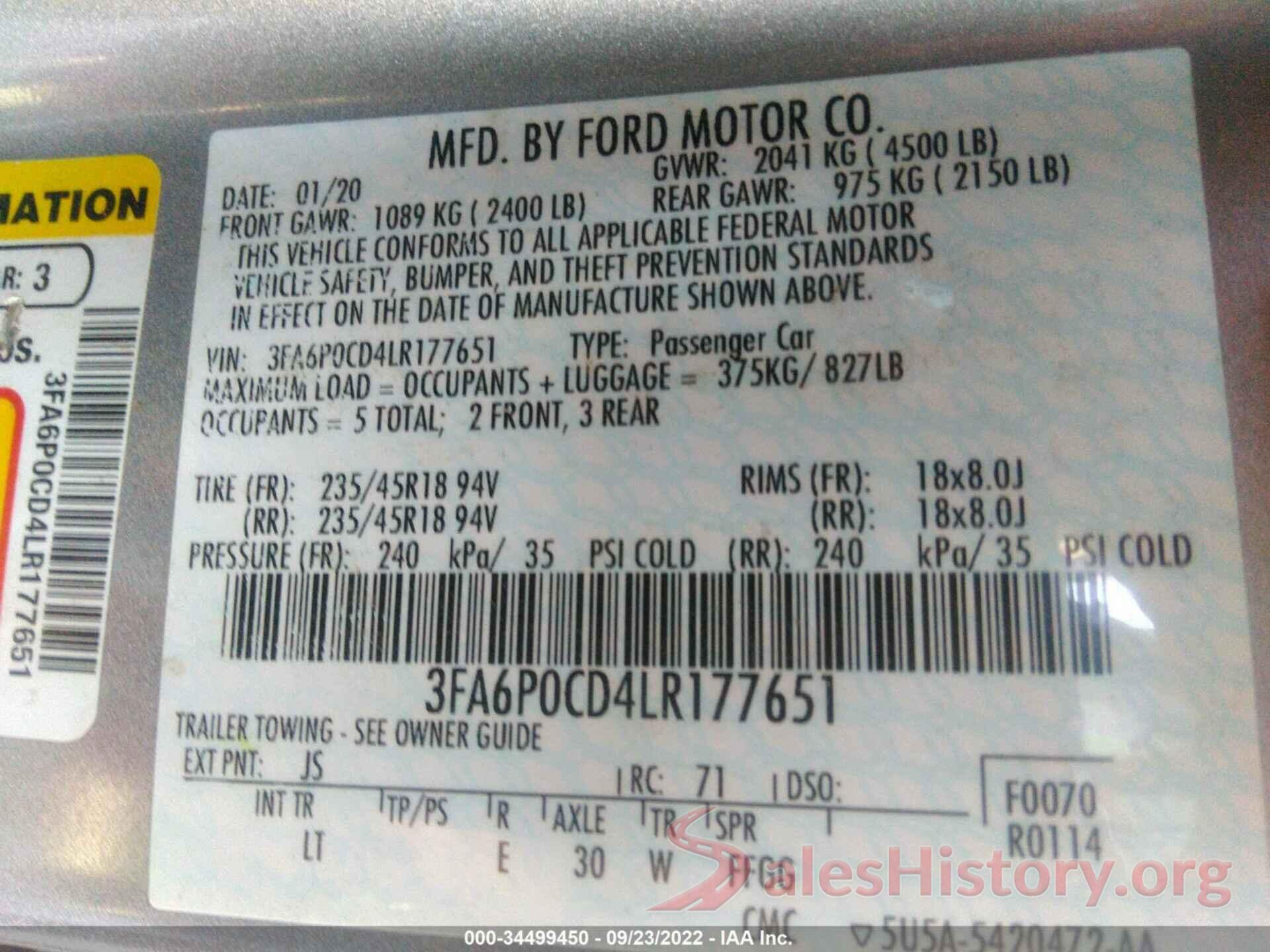 3FA6P0CD4LR177651 2020 FORD FUSION