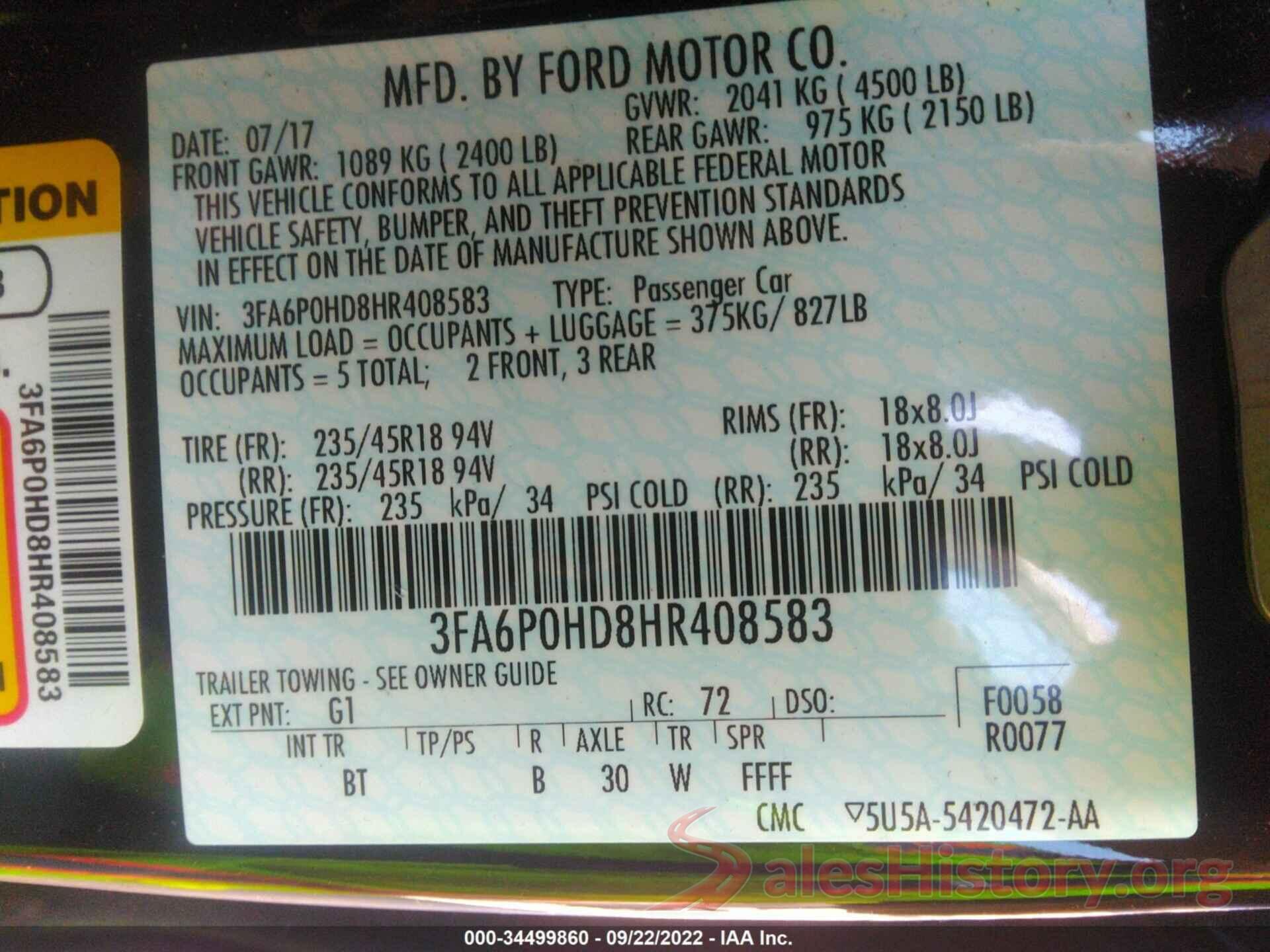 3FA6P0HD8HR408583 2017 FORD FUSION