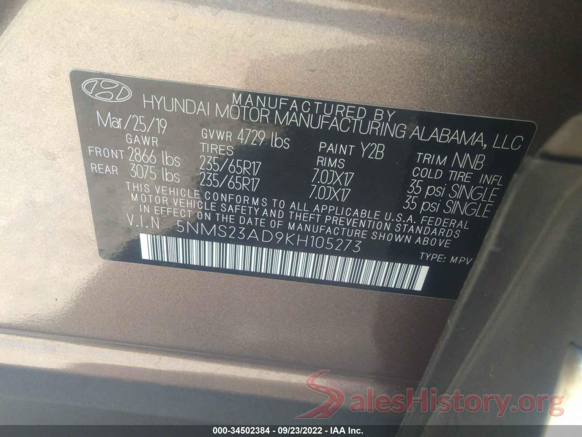 5NMS23AD9KH105273 2019 HYUNDAI SANTA FE