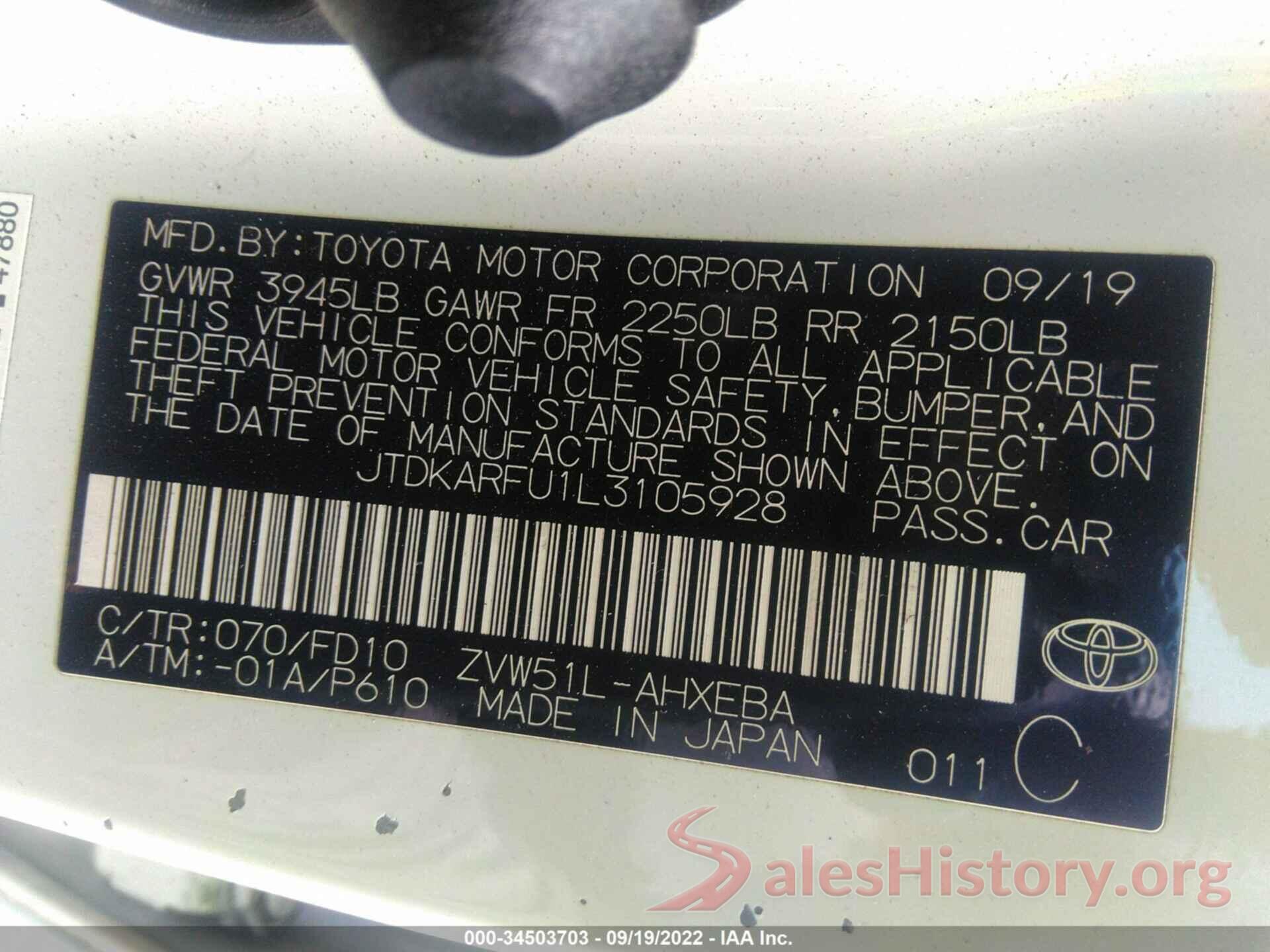 JTDKARFU1L3105928 2020 TOYOTA PRIUS