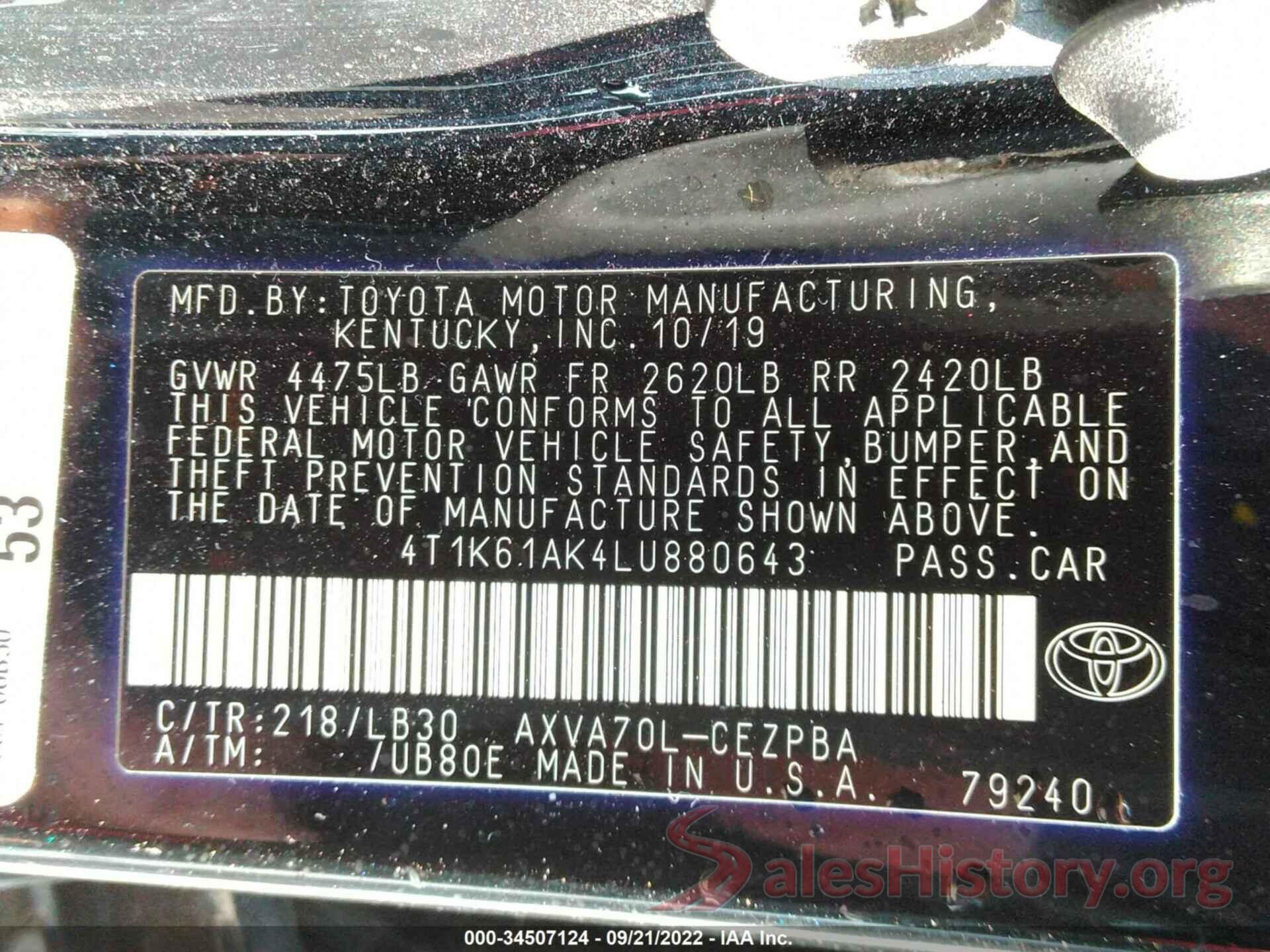 4T1K61AK4LU880643 2020 TOYOTA CAMRY