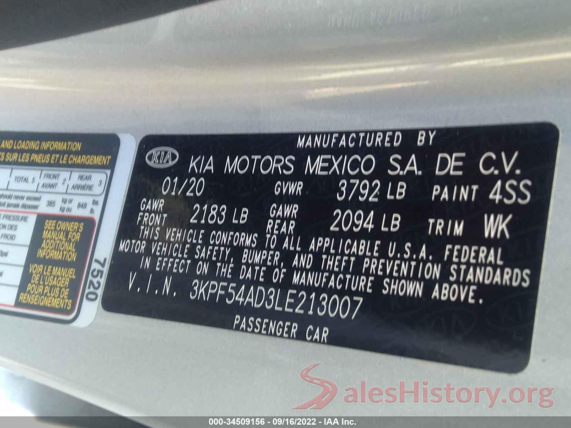 3KPF54AD3LE213007 2020 KIA FORTE