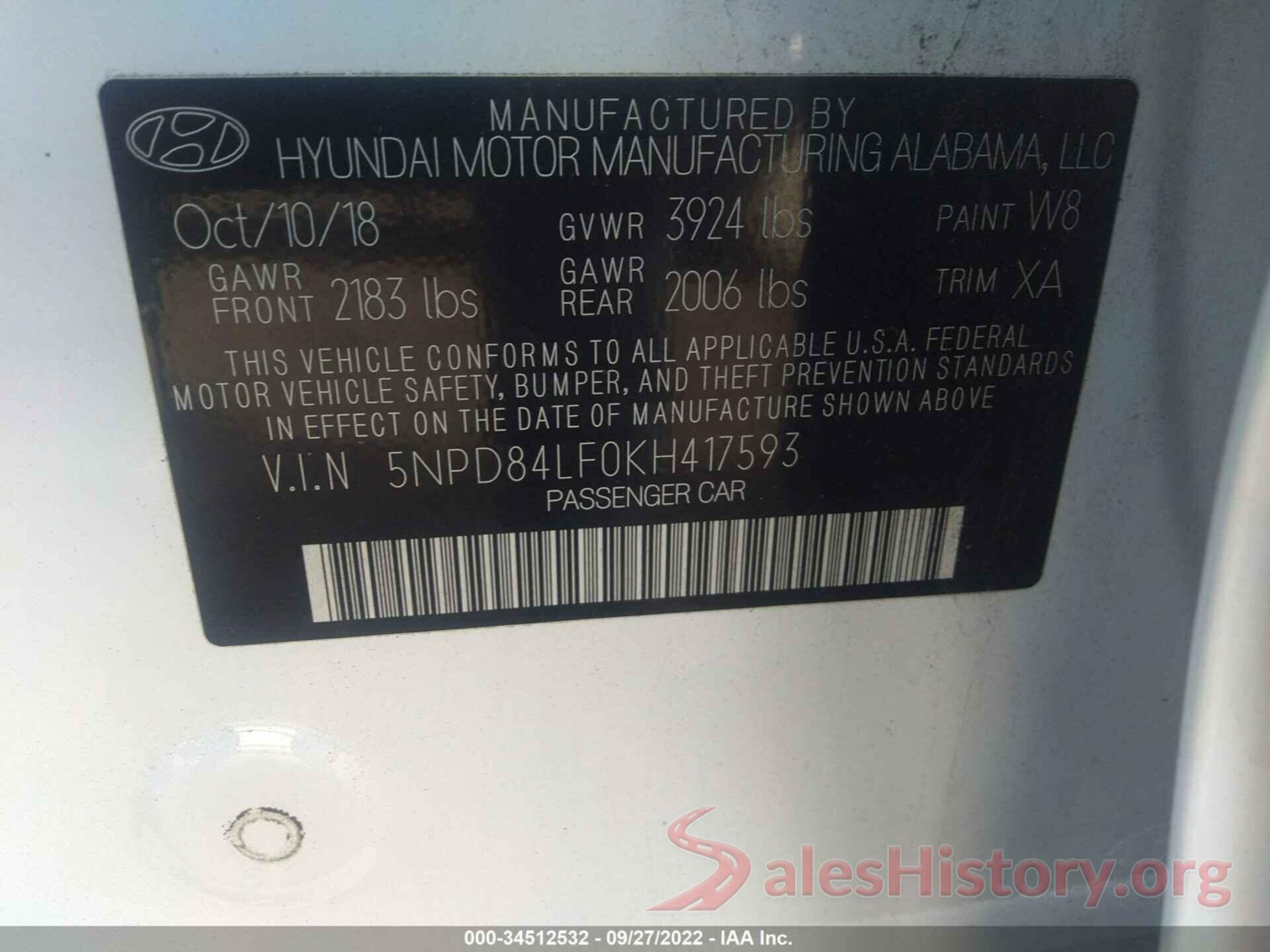 5NPD84LF0KH417593 2019 HYUNDAI ELANTRA