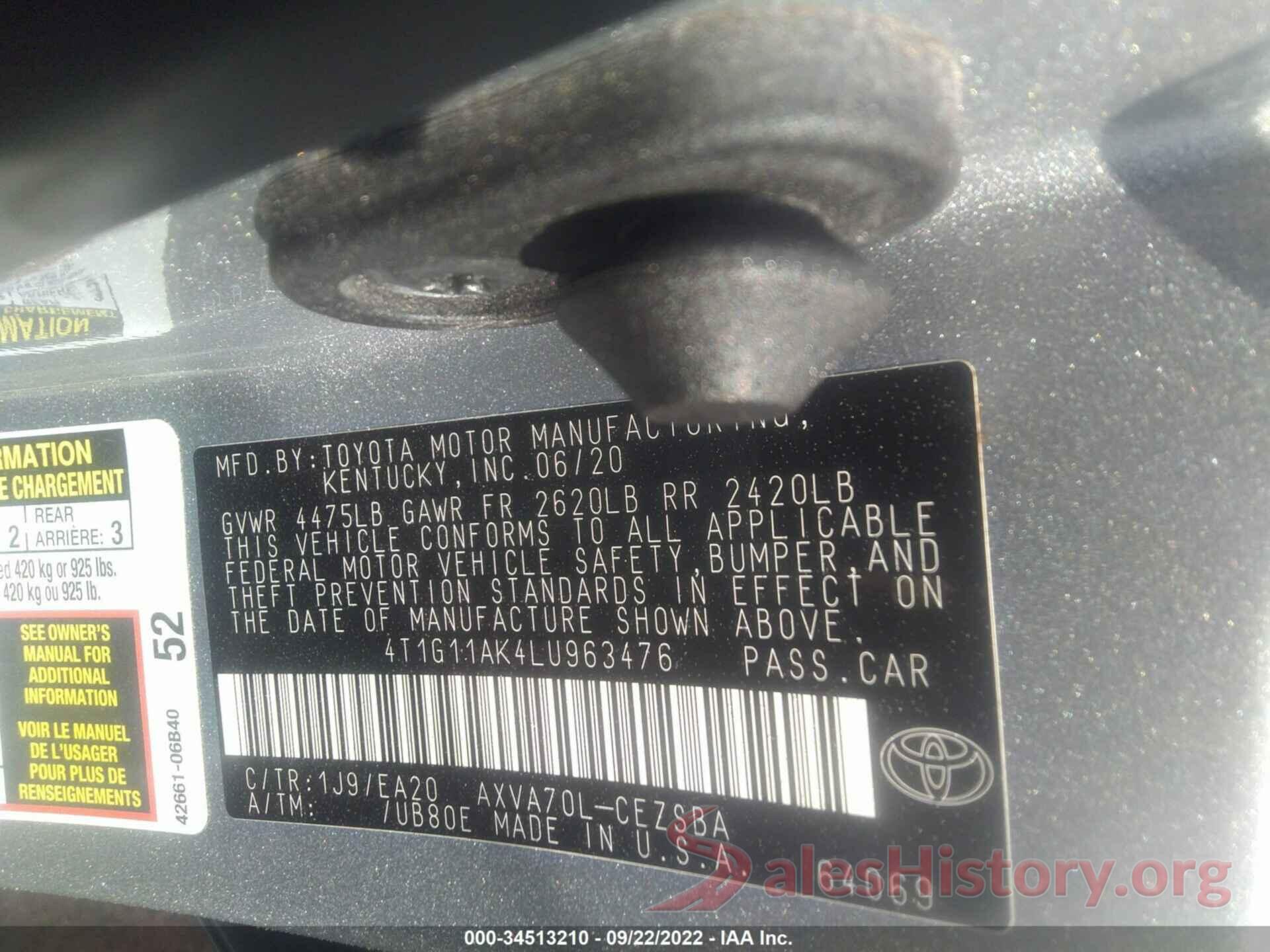 4T1G11AK4LU963476 2020 TOYOTA CAMRY