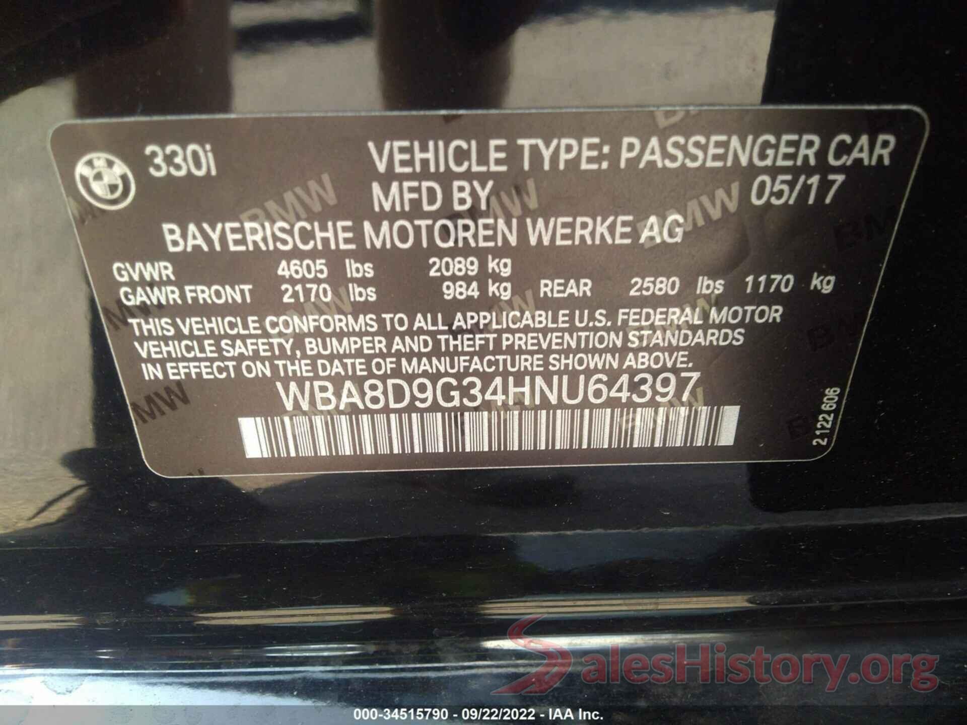 WBA8D9G34HNU64397 2017 BMW 3 SERIES