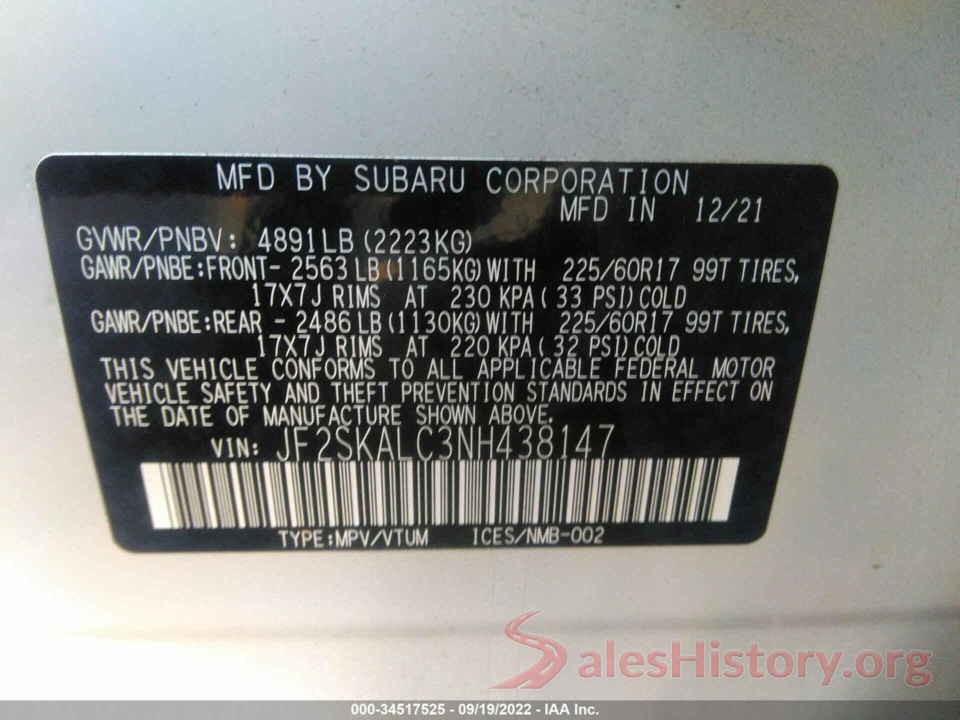 JF2SKALC3NH438147 2022 SUBARU FORESTER