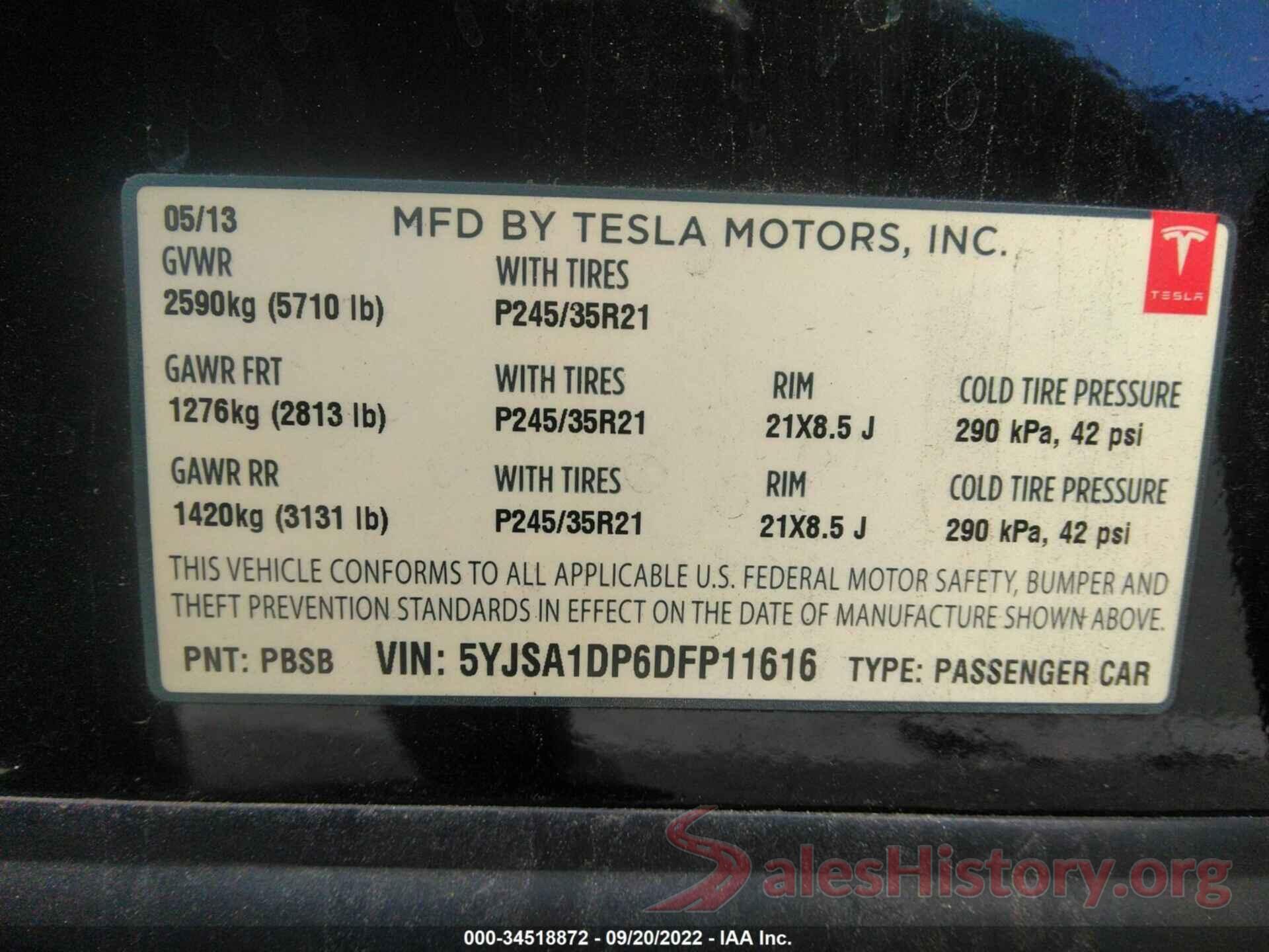 5YJSA1DP6DFP11616 2013 TESLA MODEL S