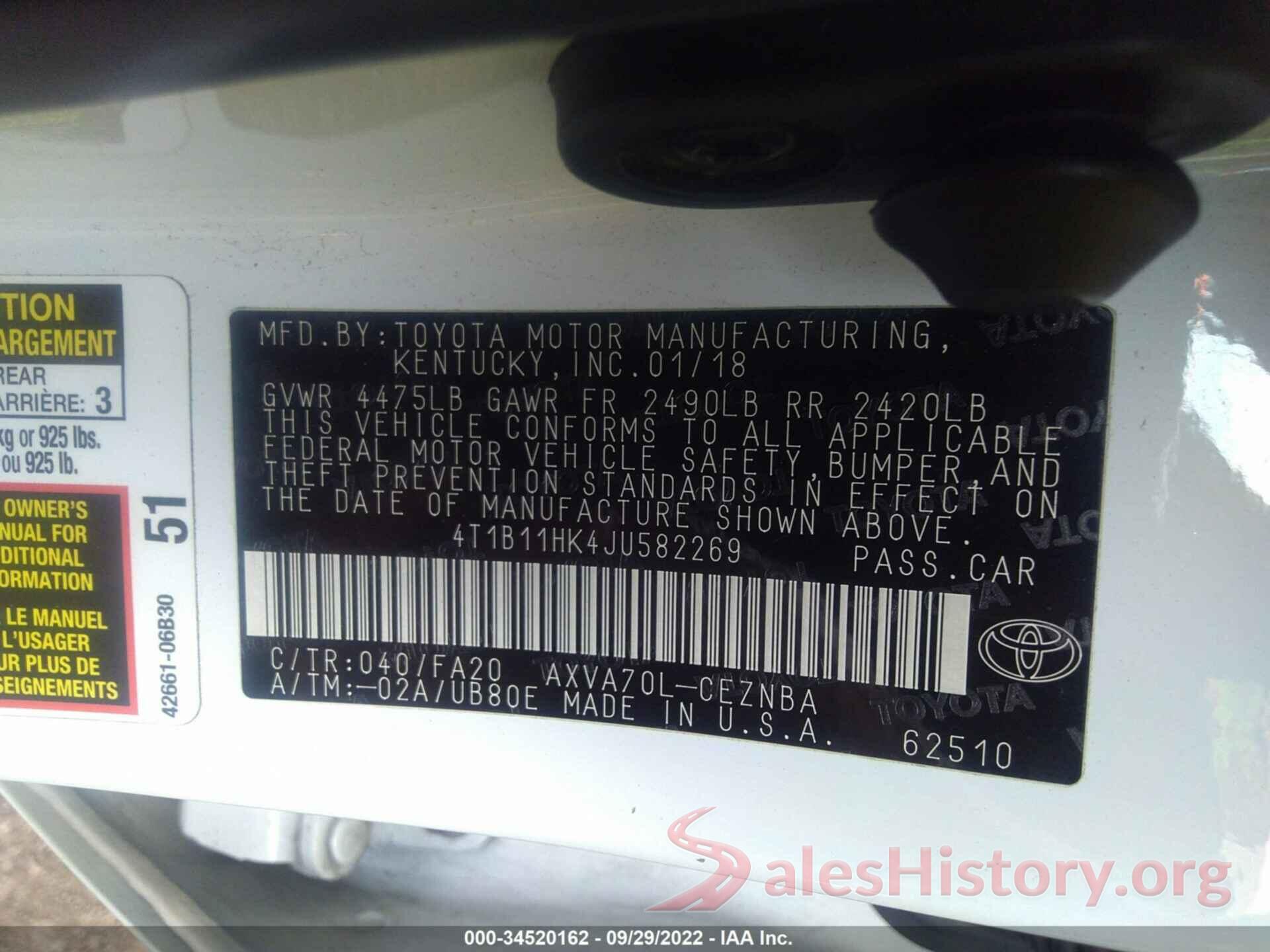 4T1B11HK4JU582269 2018 TOYOTA CAMRY