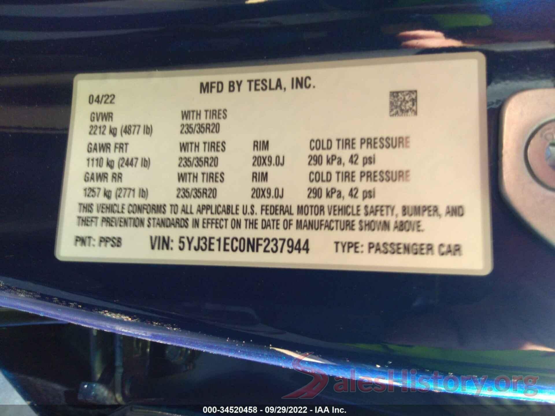 5YJ3E1EC0NF237944 2022 TESLA MODEL 3