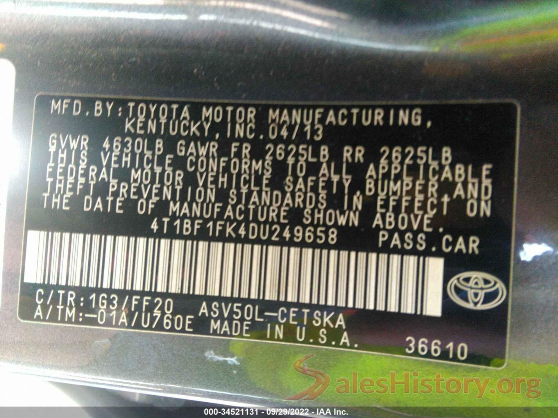 4T1BF1FK4DU249658 2013 TOYOTA CAMRY