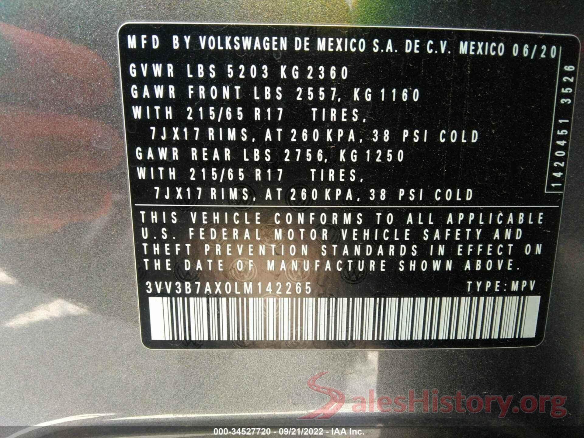 3VV3B7AX0LM142265 2020 VOLKSWAGEN TIGUAN