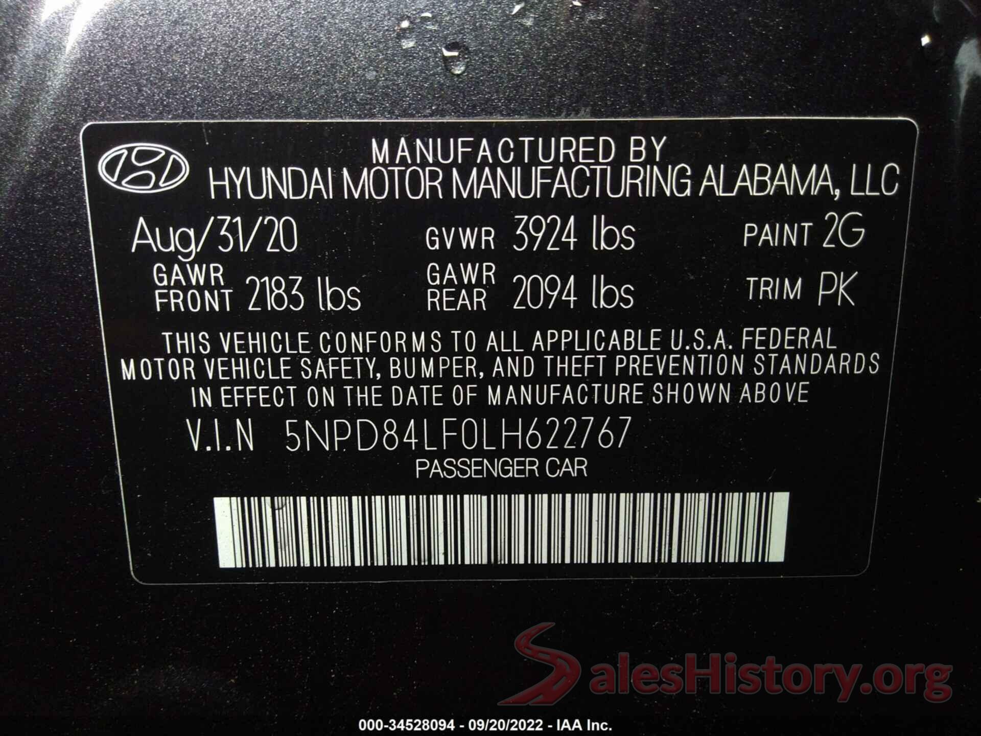 5NPD84LF0LH622767 2020 HYUNDAI ELANTRA