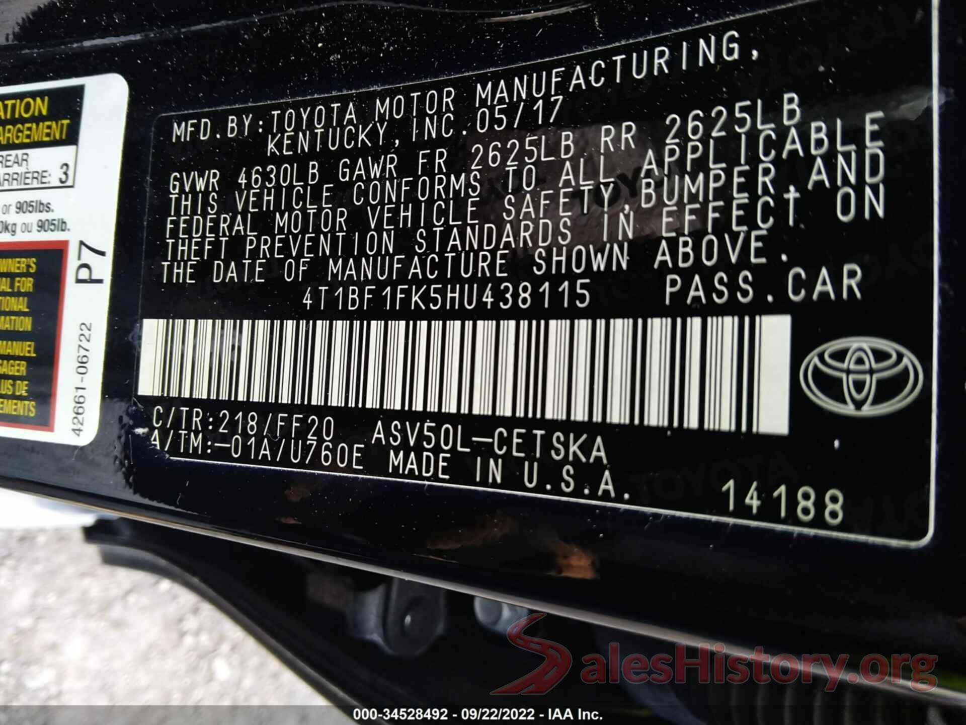 4T1BF1FK5HU438115 2017 TOYOTA CAMRY