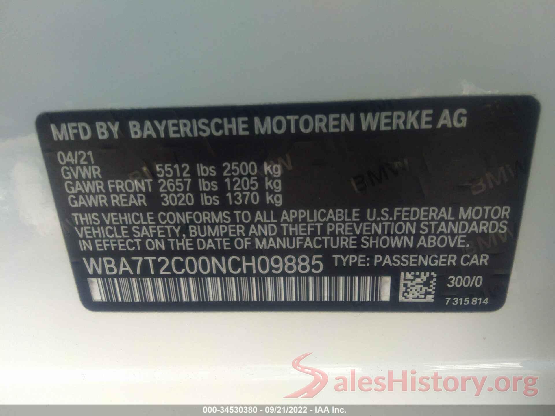 WBA7T2C00NCH09885 2022 BMW 7 SERIES