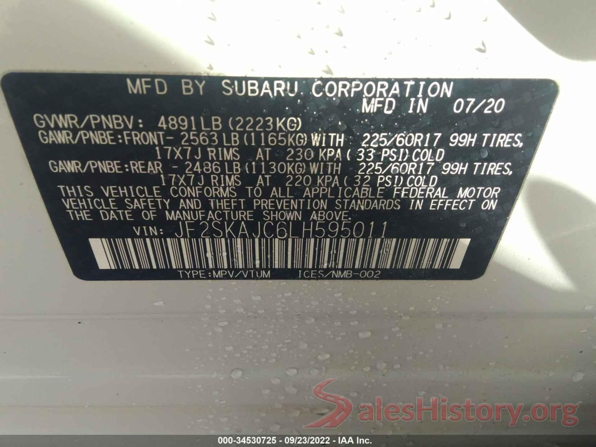 JF2SKAJC6LH595011 2020 SUBARU FORESTER