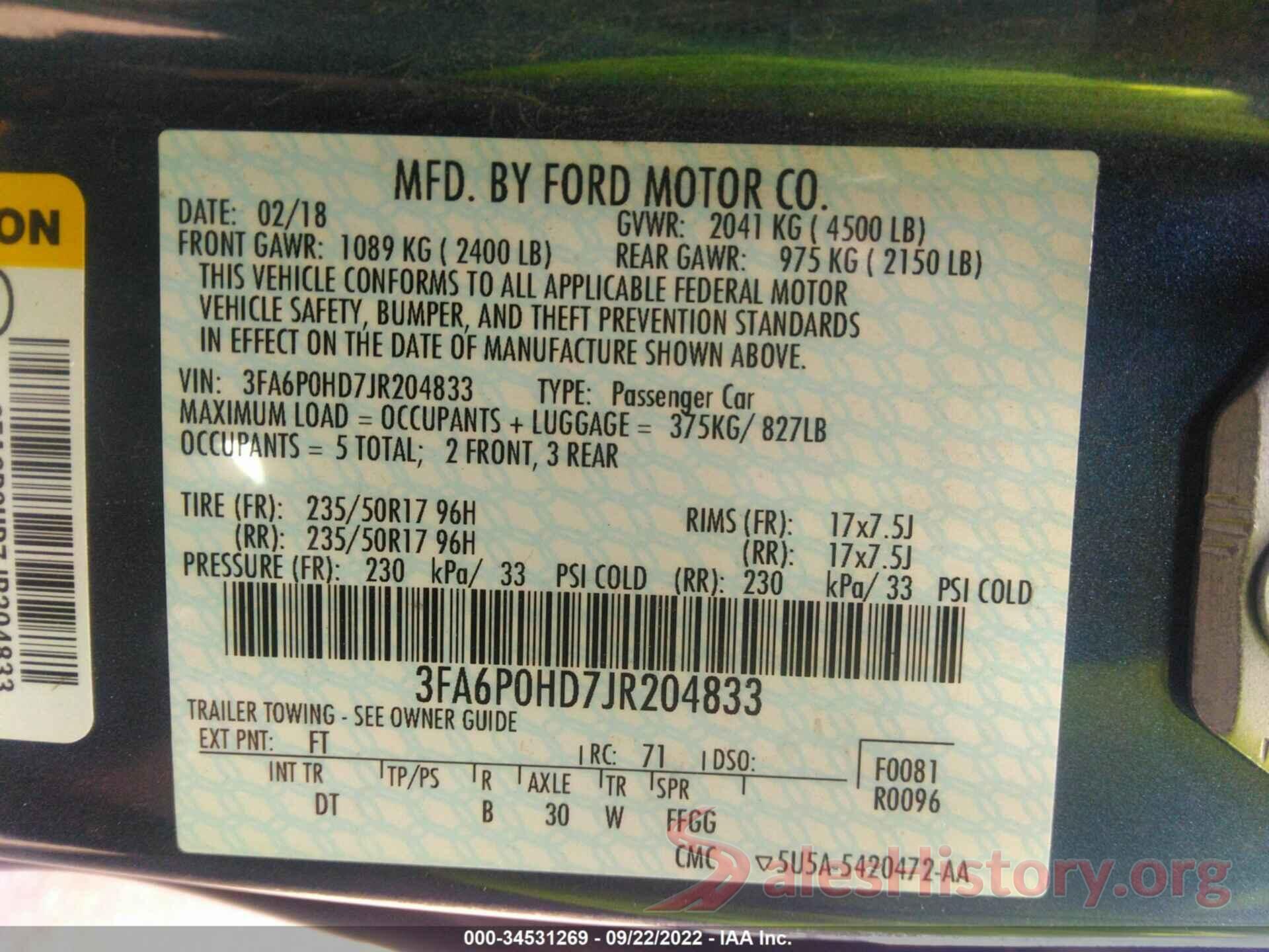 3FA6P0HD7JR204833 2018 FORD FUSION