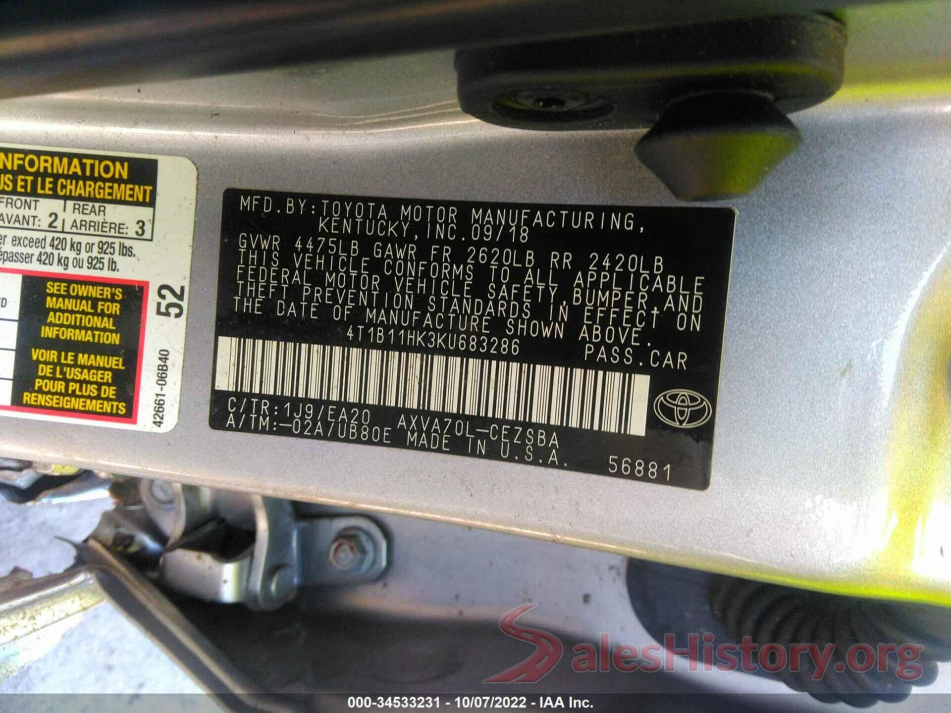 4T1B11HK3KU683286 2019 TOYOTA CAMRY