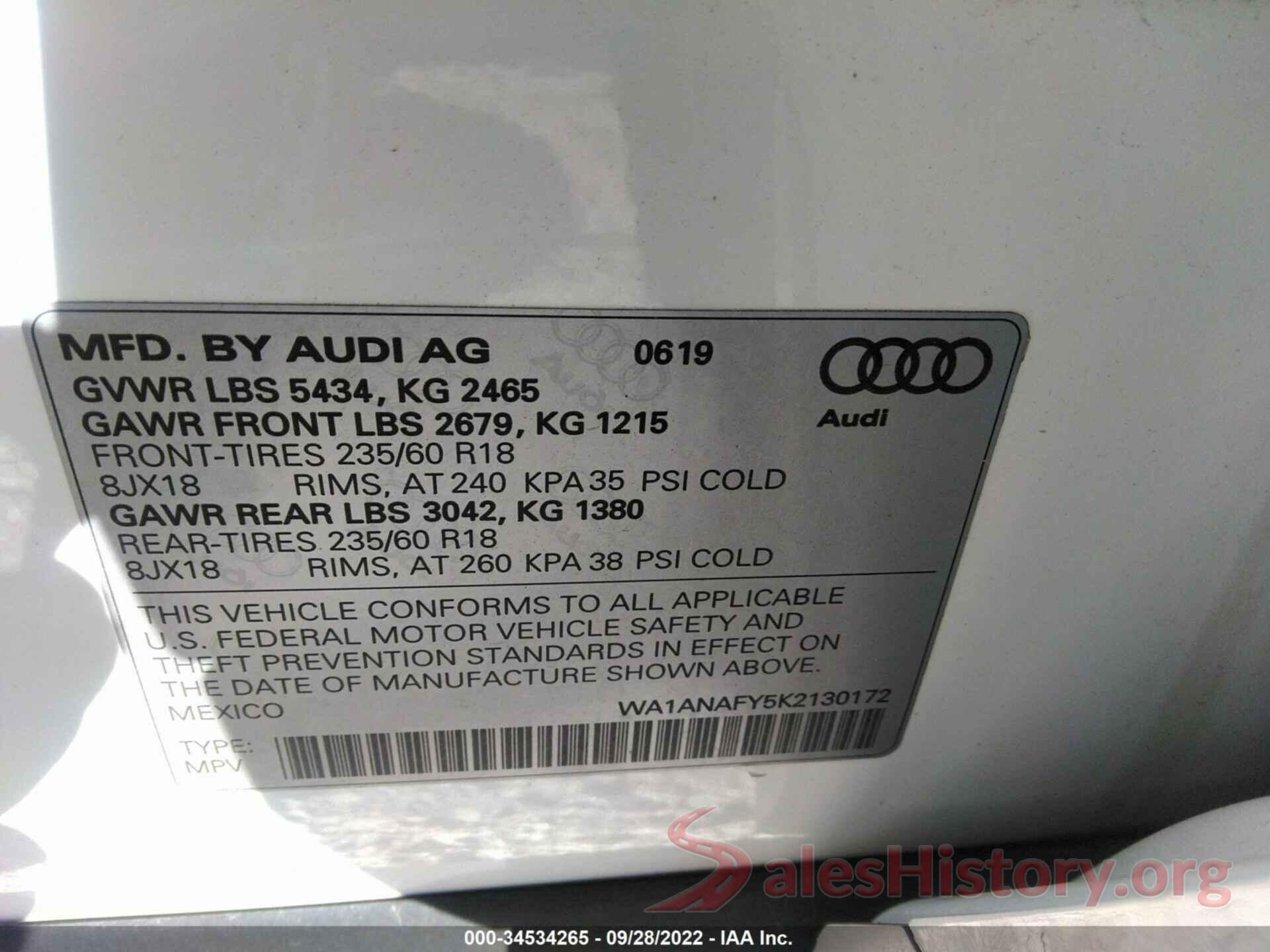 WA1ANAFY5K2130172 2019 AUDI Q5