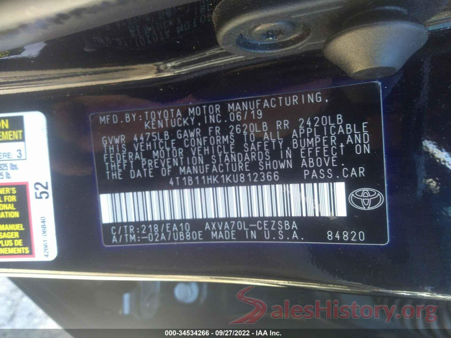 4T1B11HK1KU812366 2019 TOYOTA CAMRY