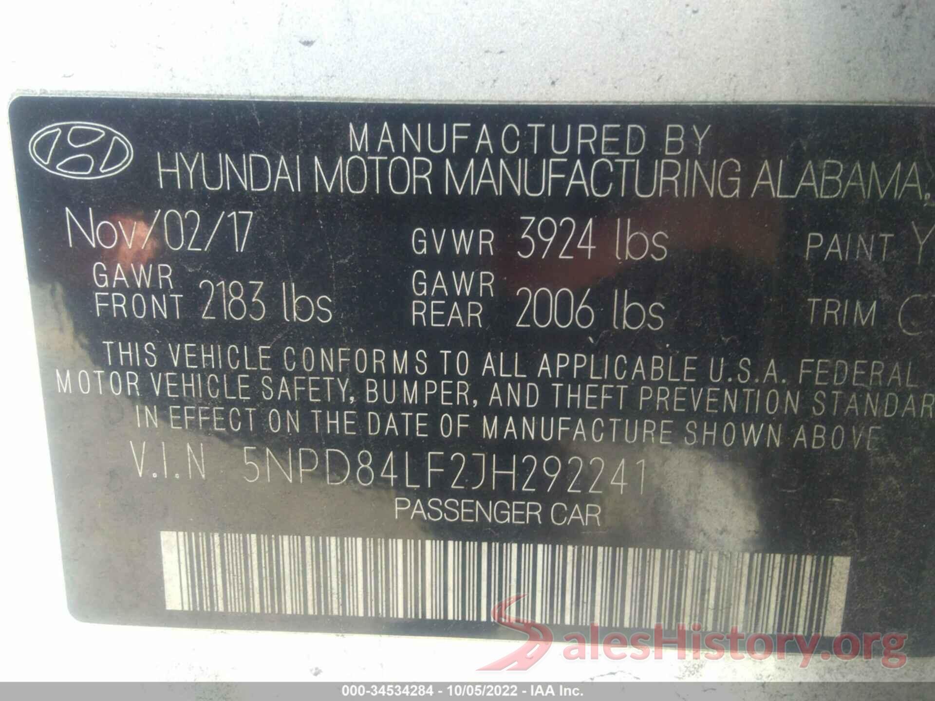 5NPD84LF2JH292241 2018 HYUNDAI ELANTRA