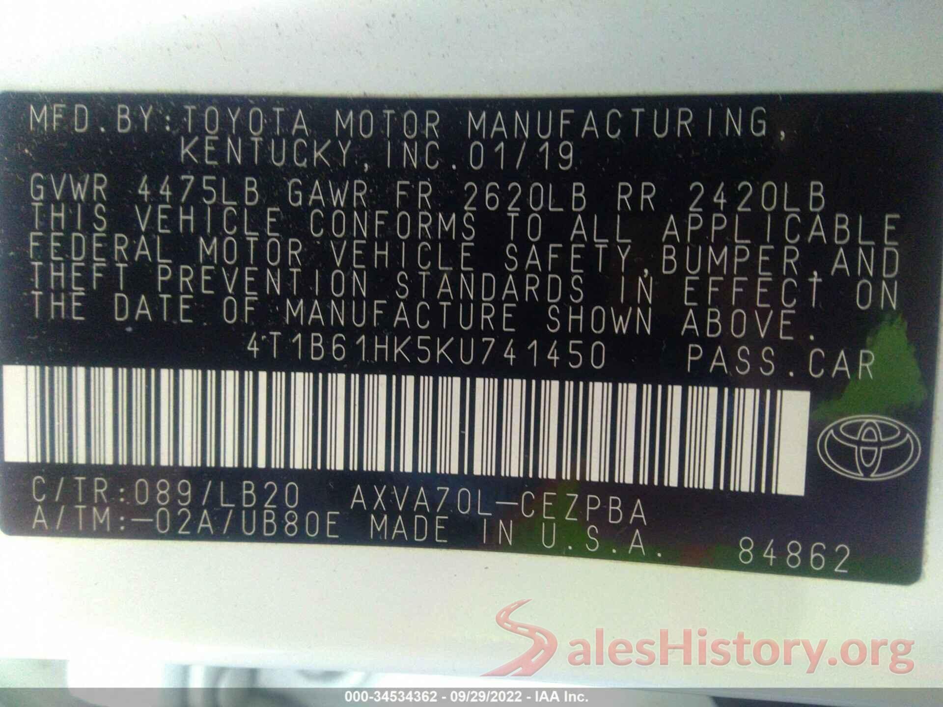 4T1B61HK5KU741450 2019 TOYOTA CAMRY