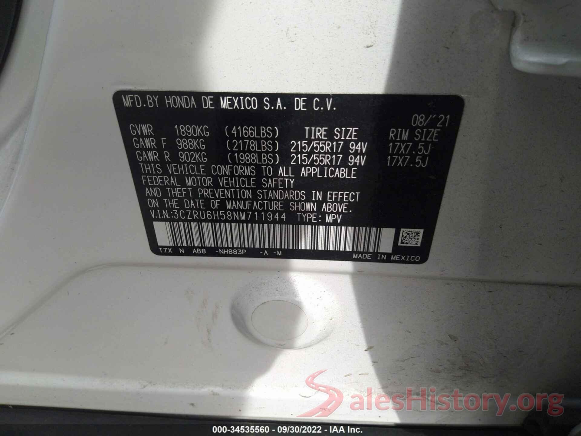 3CZRU6H58NM711944 2022 HONDA HR-V