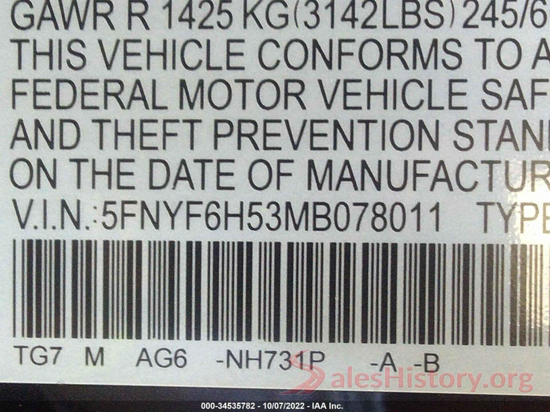 5FNYF6H53MB078011 2021 HONDA PILOT