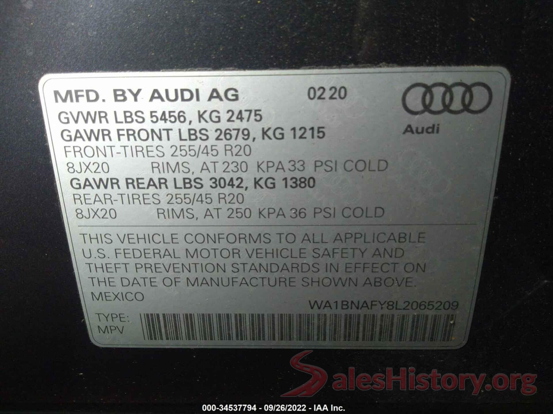 WA1BNAFY8L2065209 2020 AUDI Q5