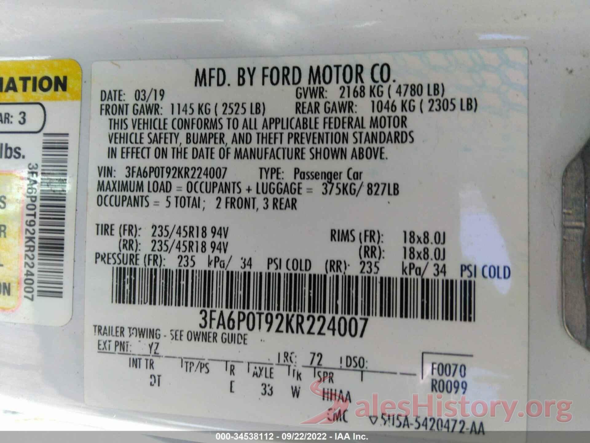 3FA6P0T92KR224007 2019 FORD FUSION