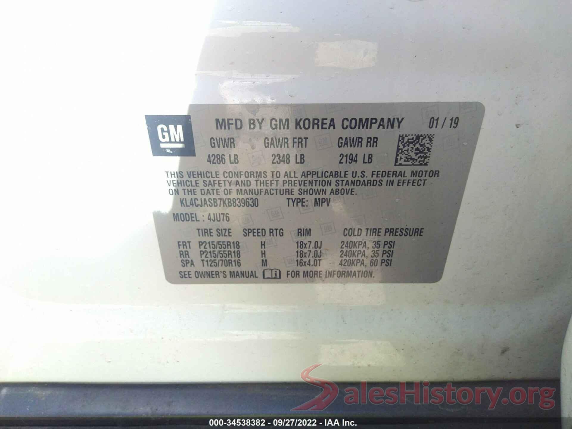 KL4CJASB7KB839630 2019 BUICK ENCORE