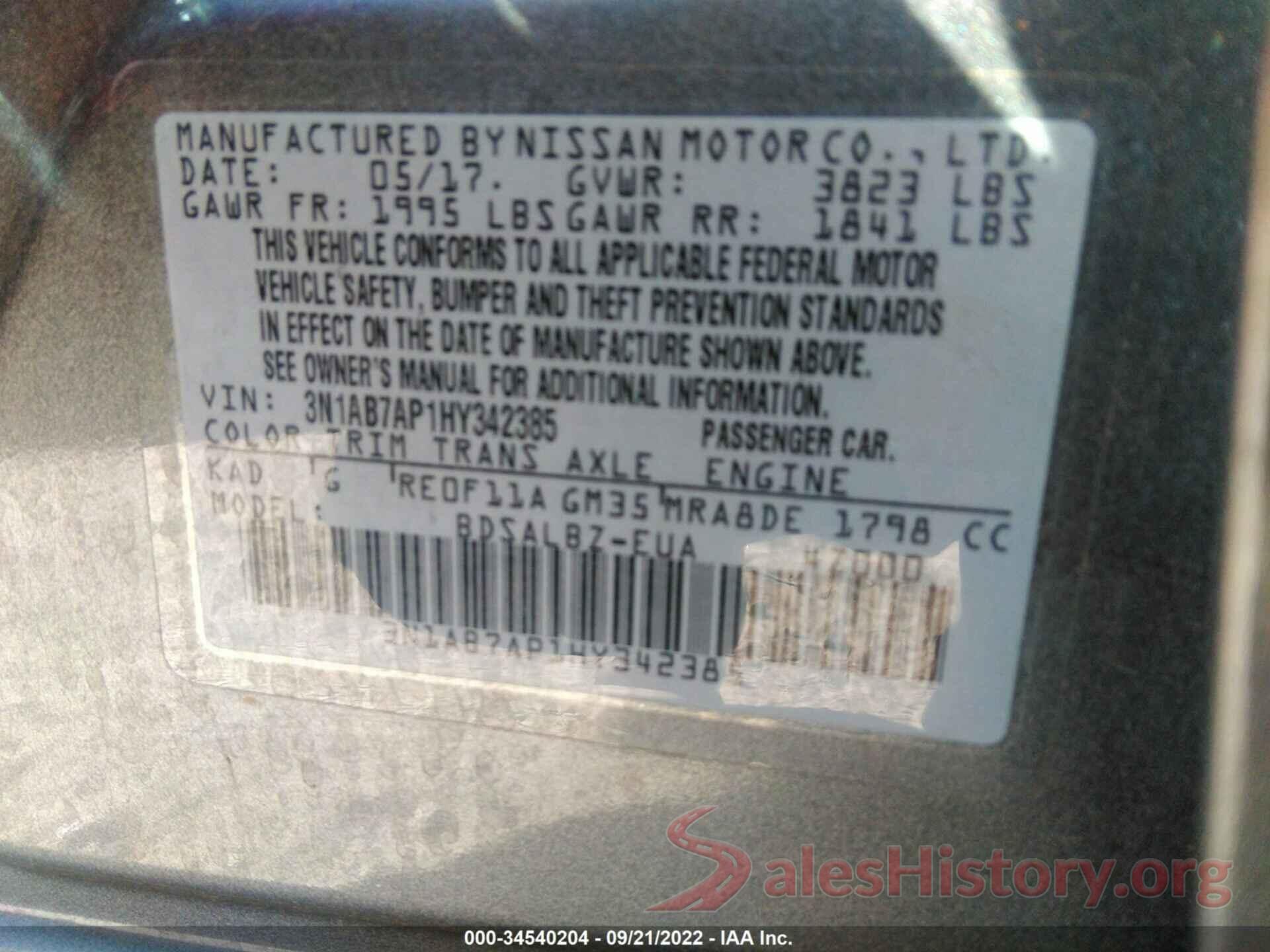 3N1AB7AP1HY342385 2017 NISSAN SENTRA