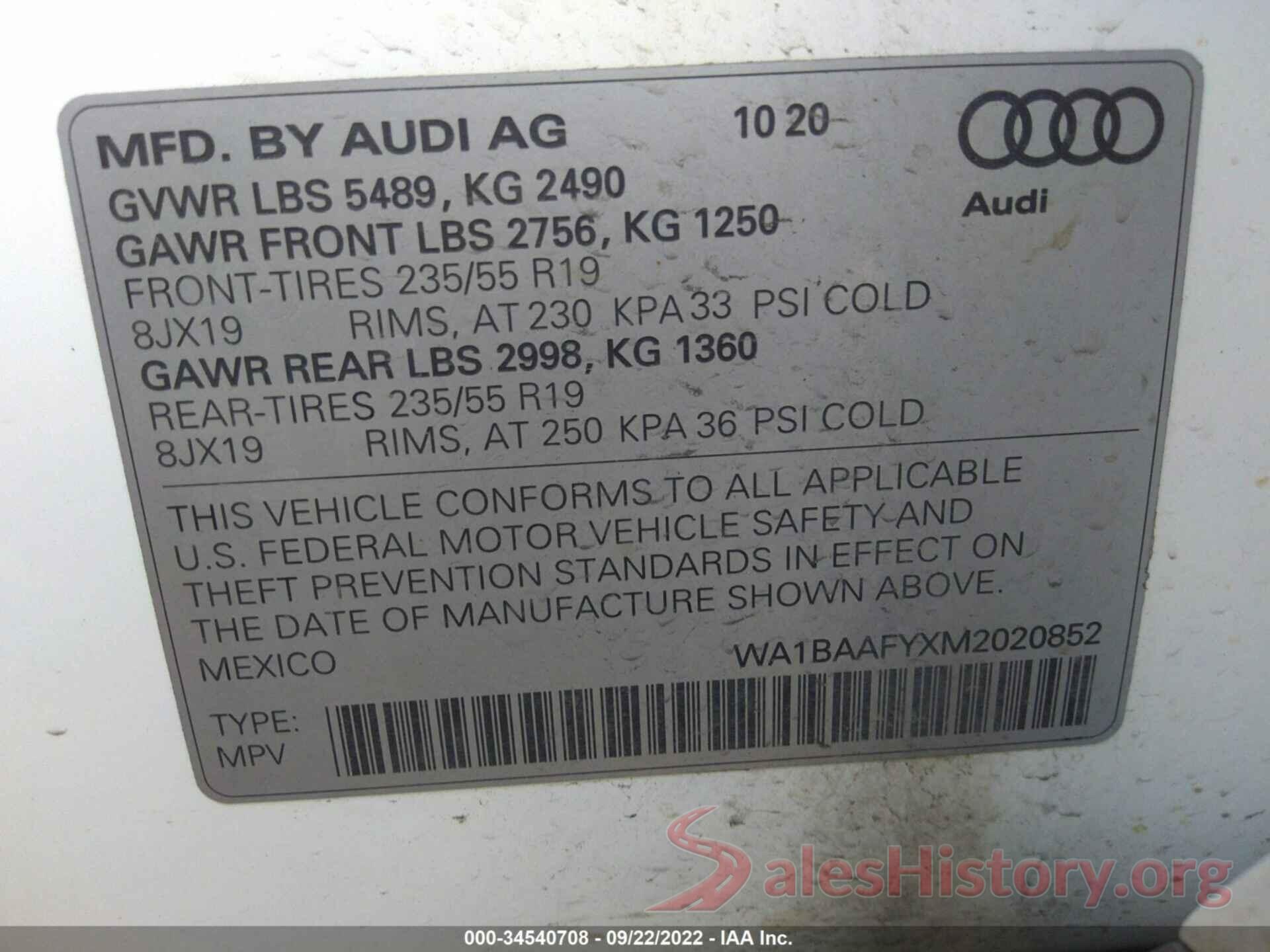 WA1BAAFYXM2020852 2021 AUDI Q5