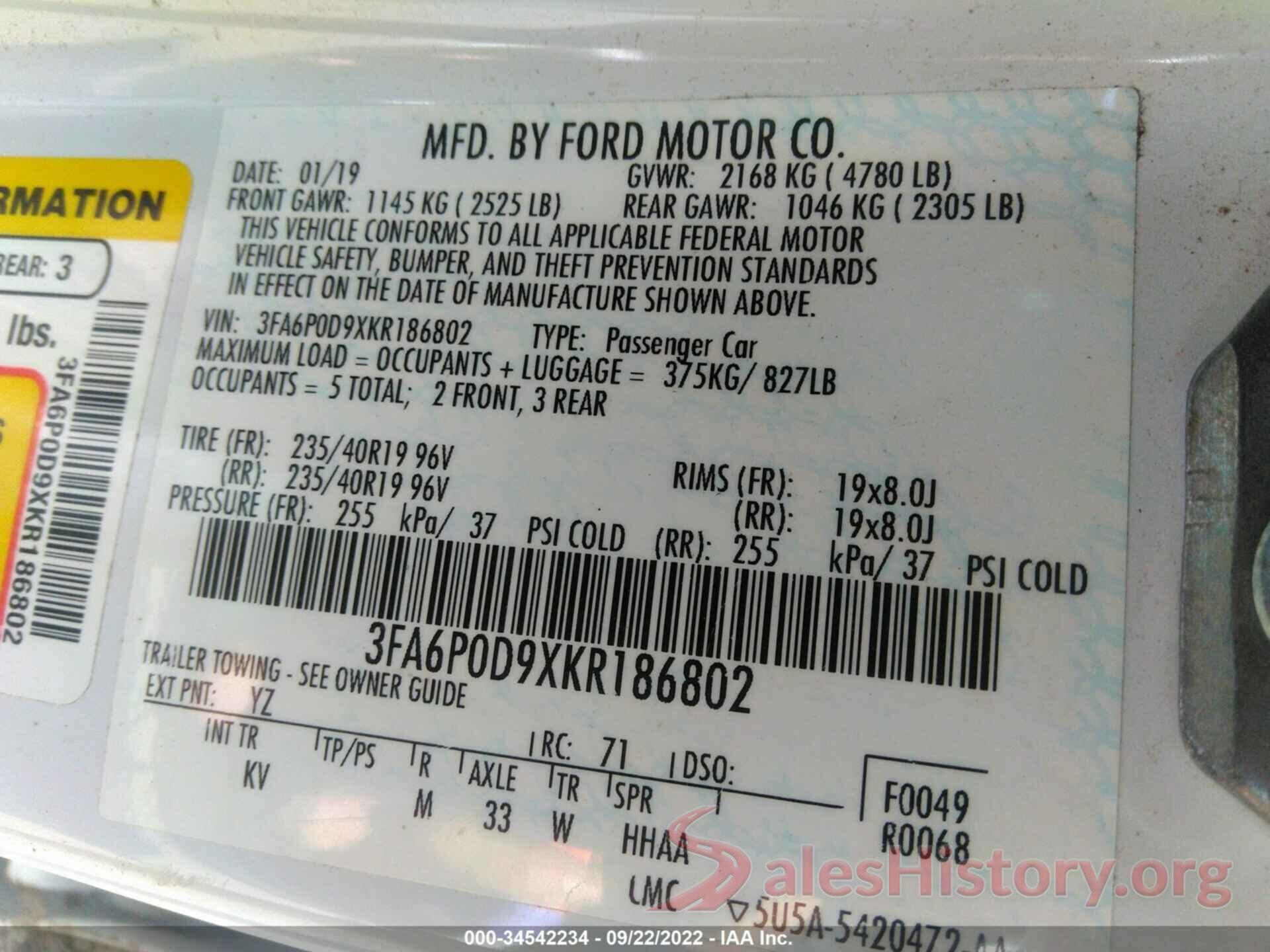 3FA6P0D9XKR186802 2019 FORD FUSION