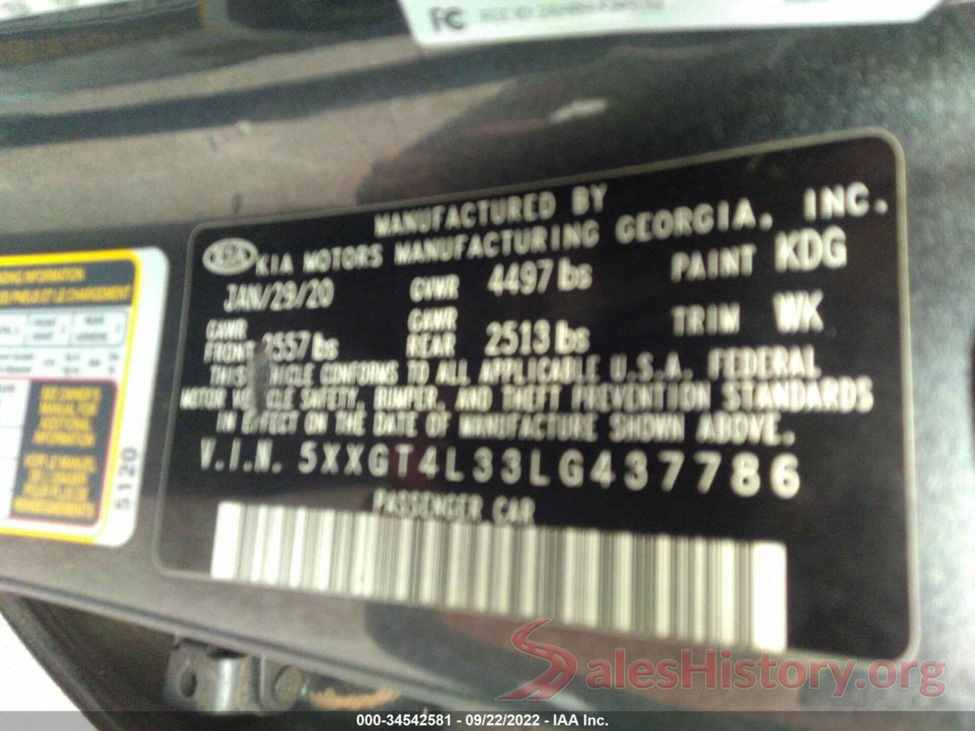 5XXGT4L33LG437786 2020 KIA OPTIMA