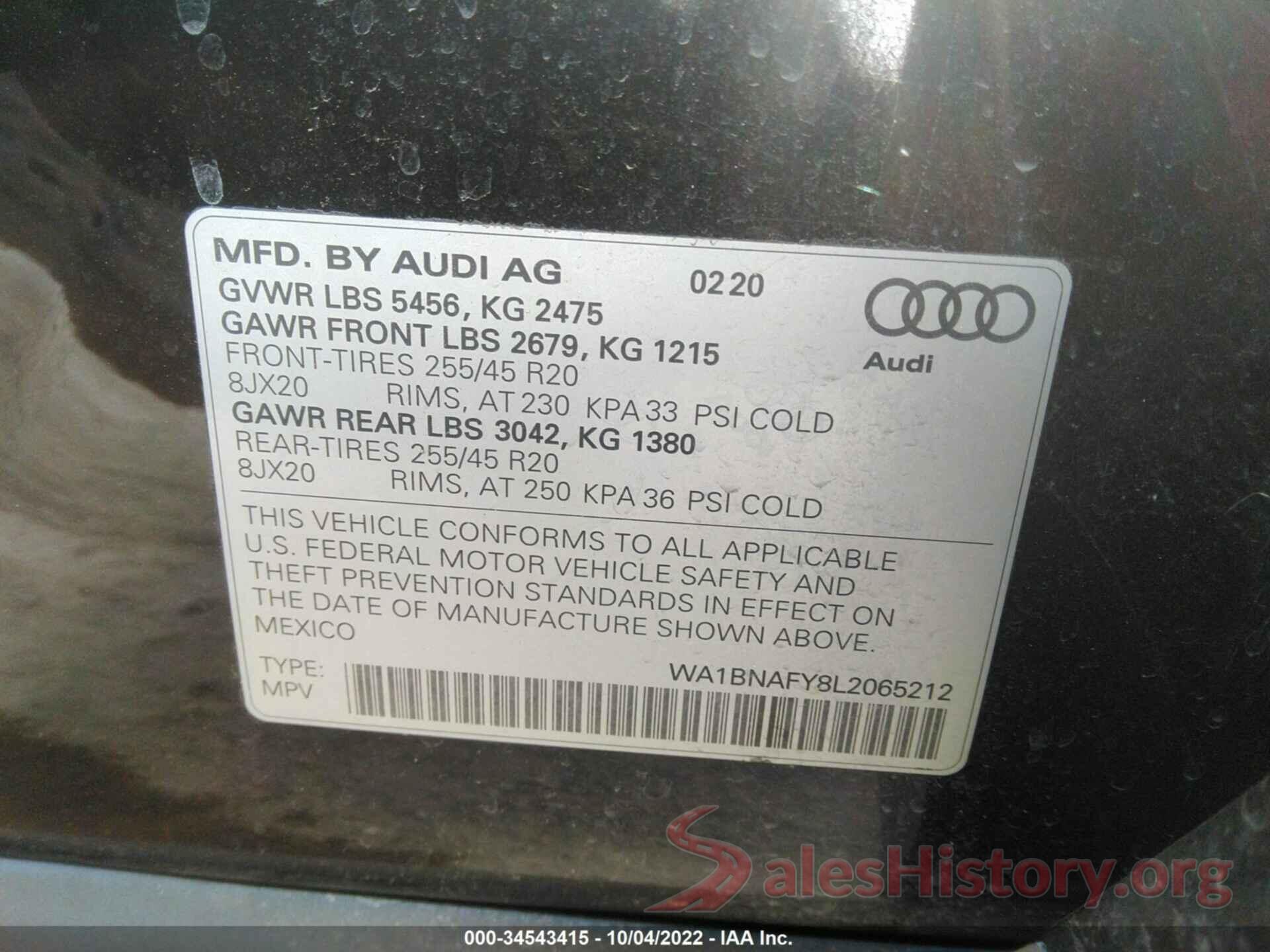 WA1BNAFY8L2065212 2020 AUDI Q5