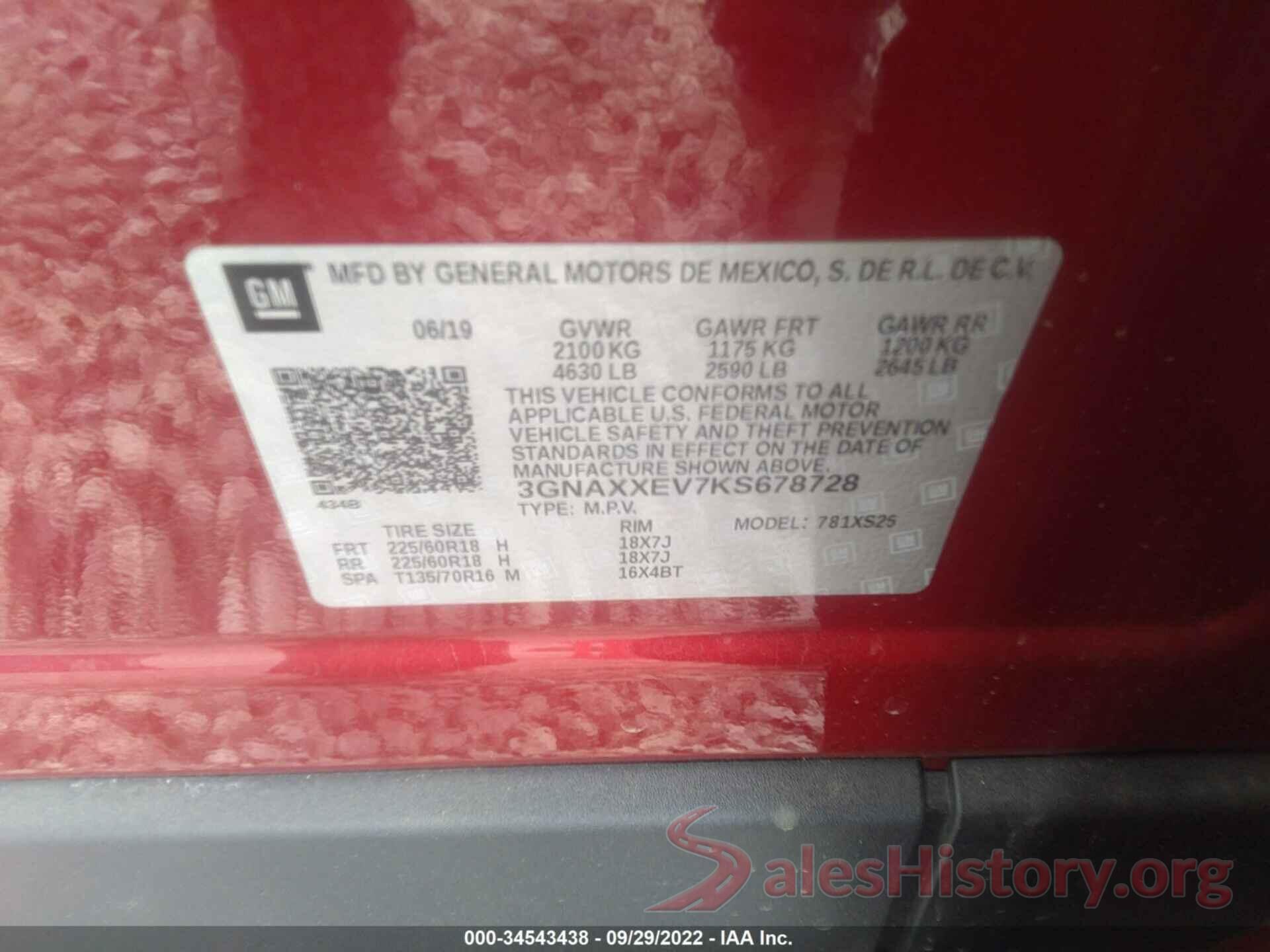 3GNAXXEV7KS678728 2019 CHEVROLET EQUINOX