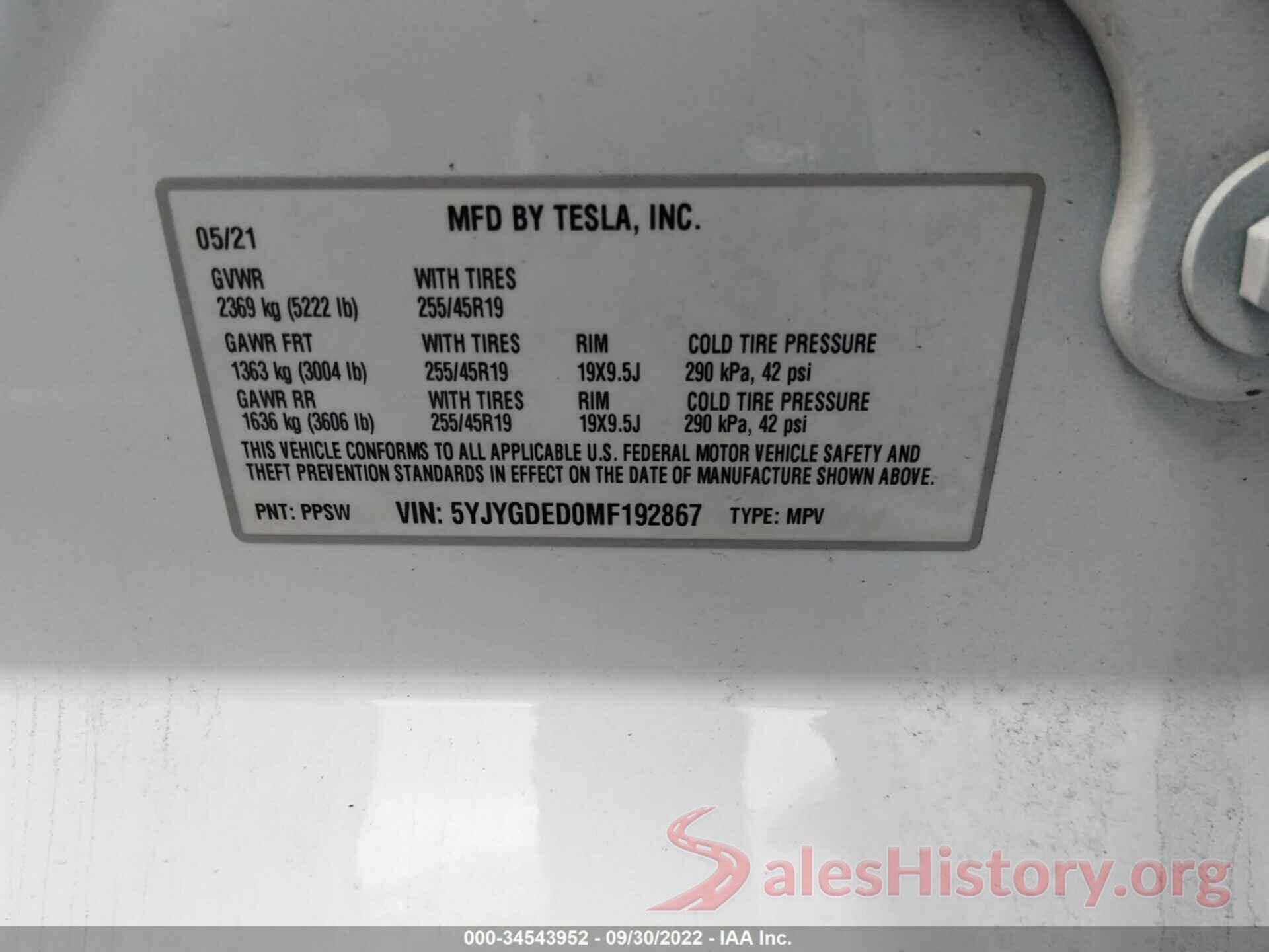 5YJYGDED0MF192867 2021 TESLA MODEL Y