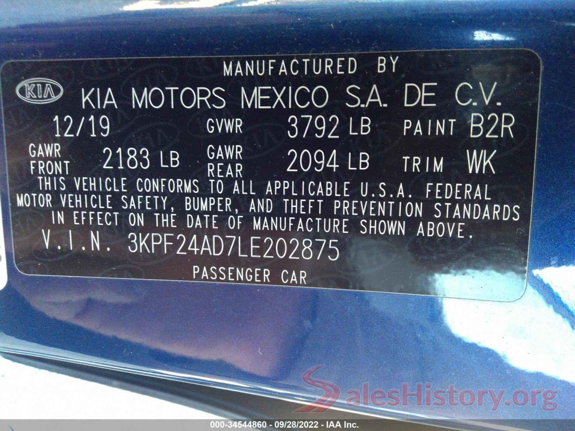 3KPF24AD7LE202875 2020 KIA FORTE