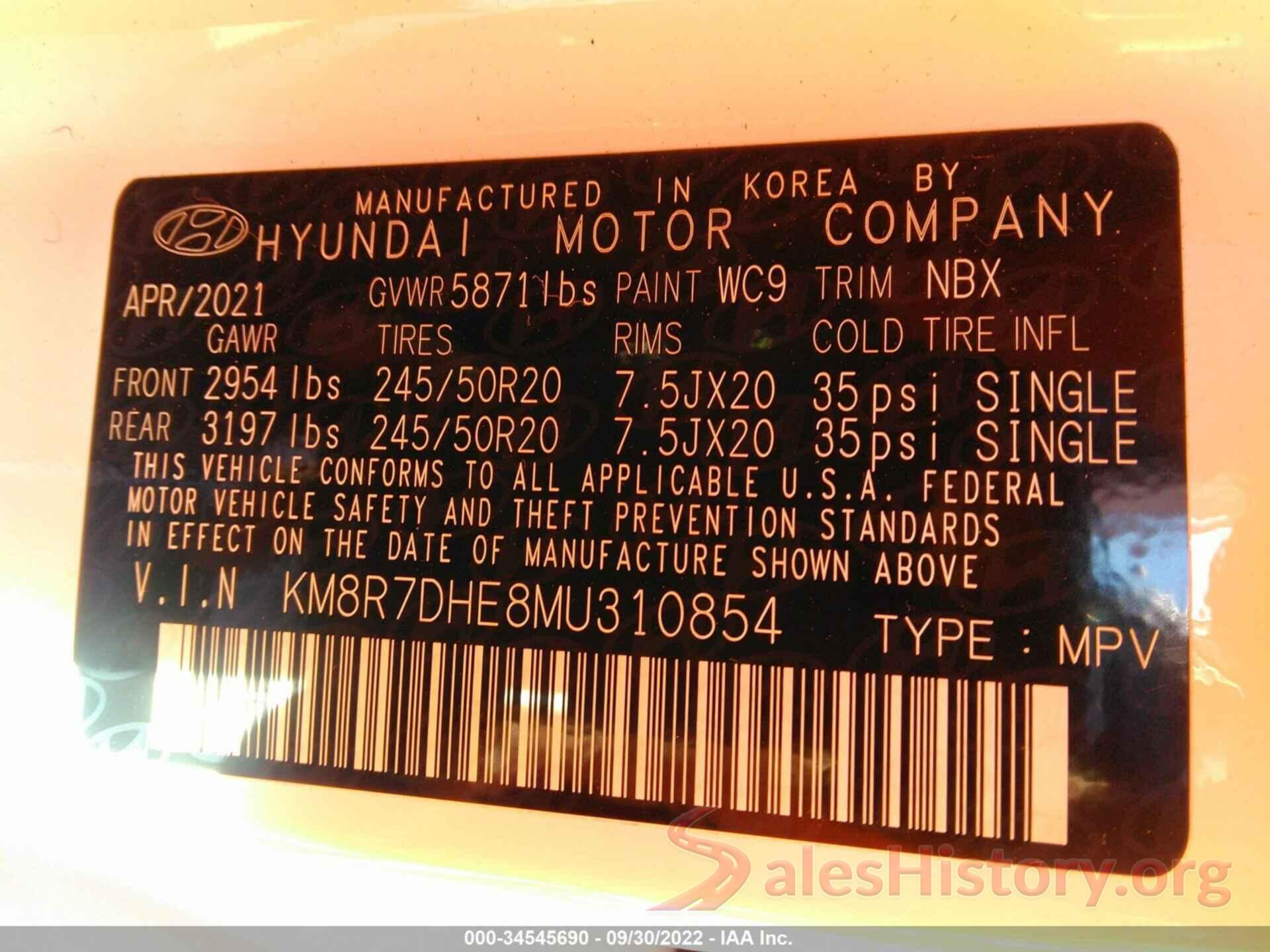 KM8R7DHE8MU310854 2021 HYUNDAI PALISADE