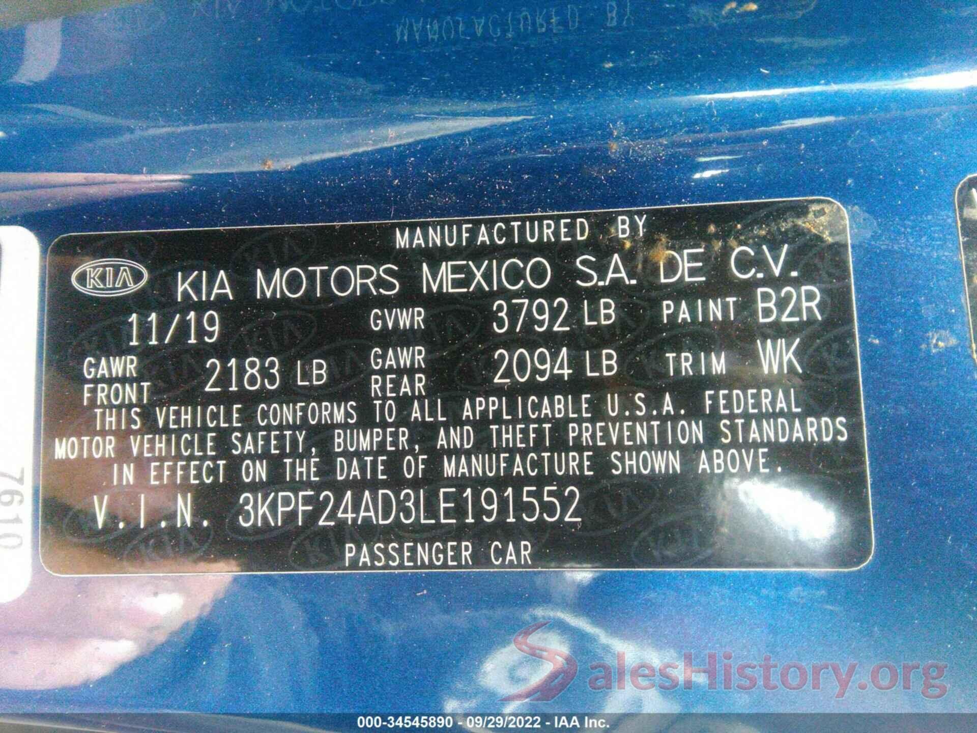 3KPF24AD3LE191552 2020 KIA FORTE