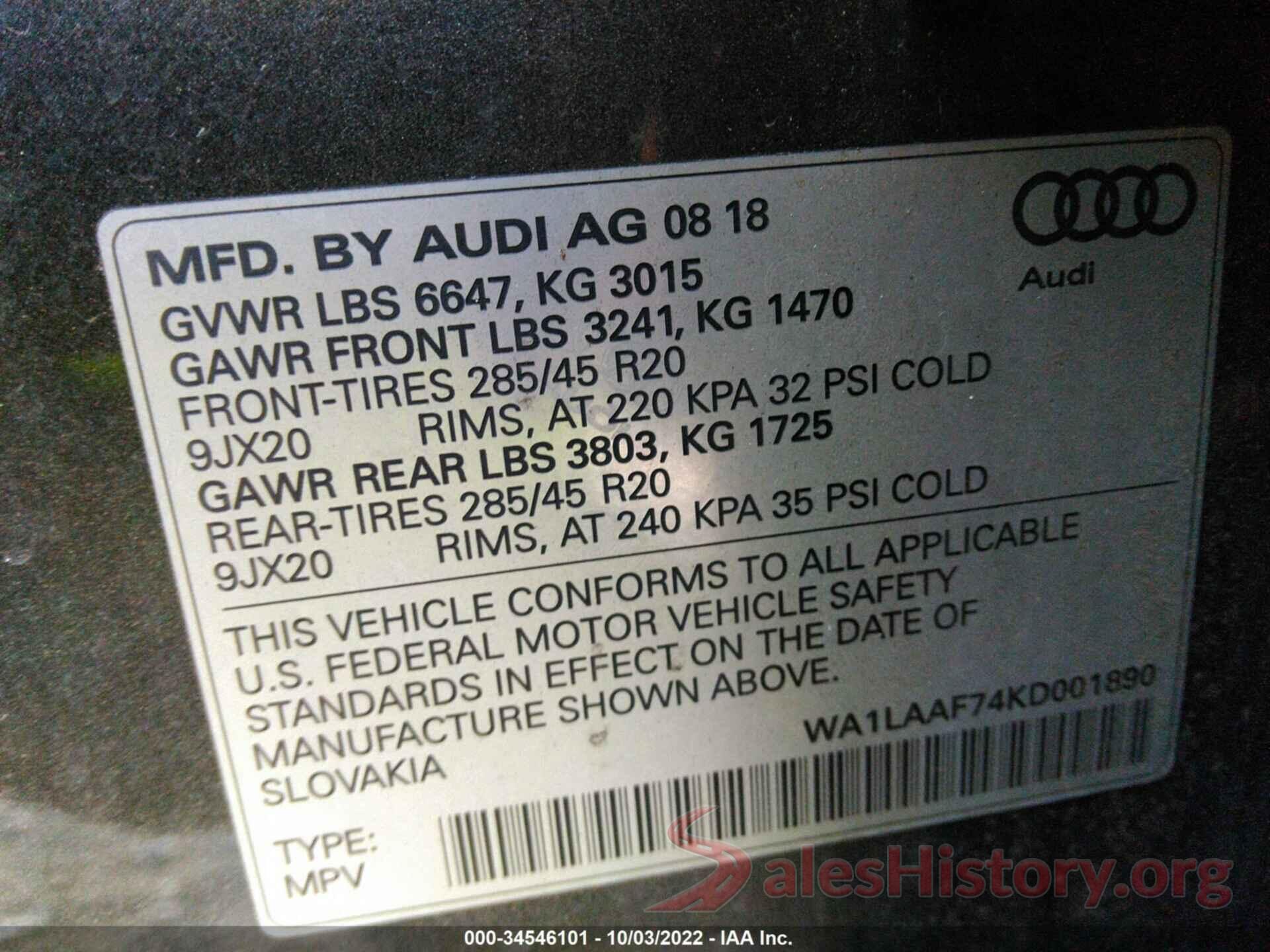 WA1LAAF74KD001890 2019 AUDI Q7