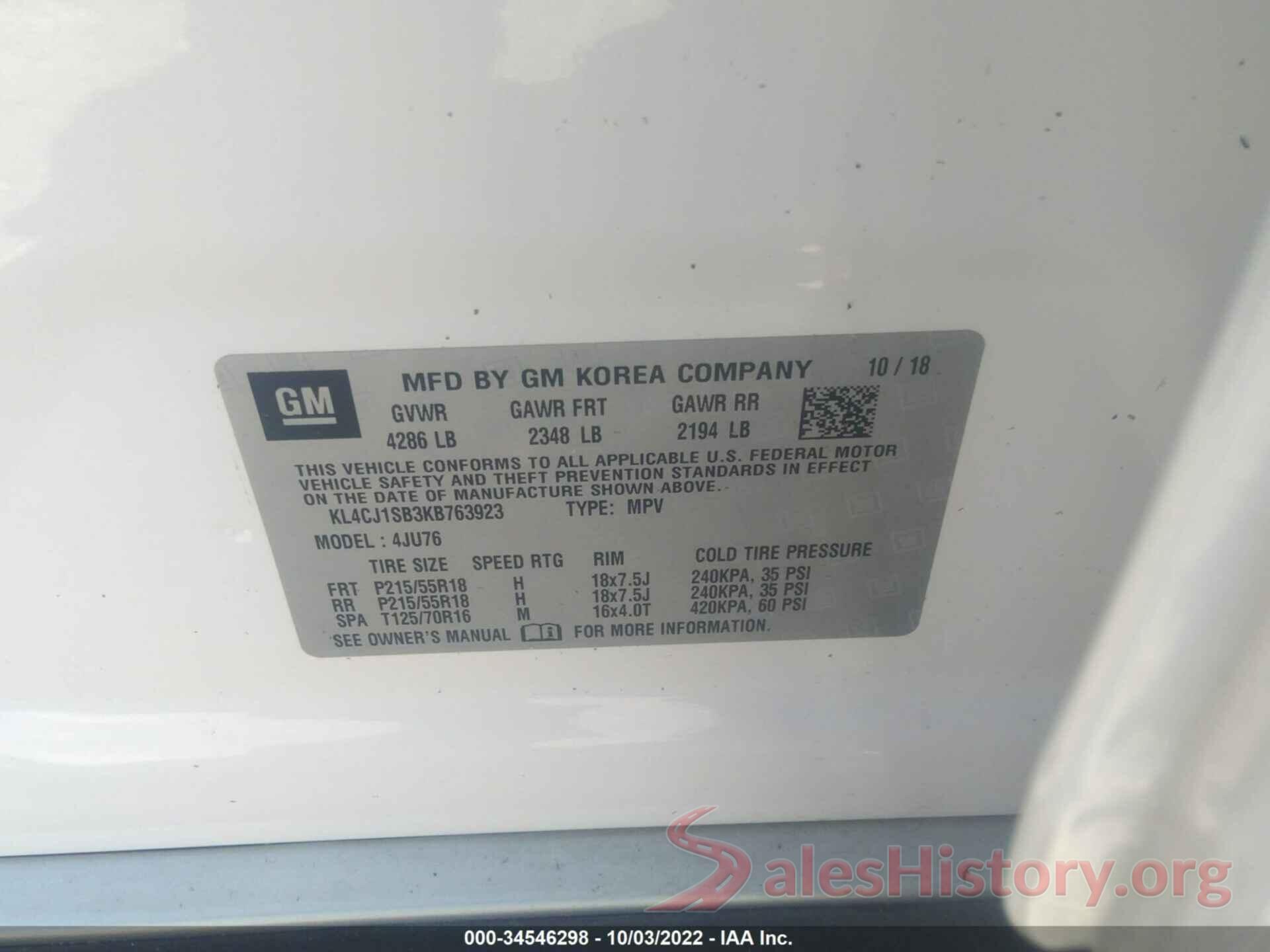 KL4CJ1SB3KB763923 2019 BUICK ENCORE