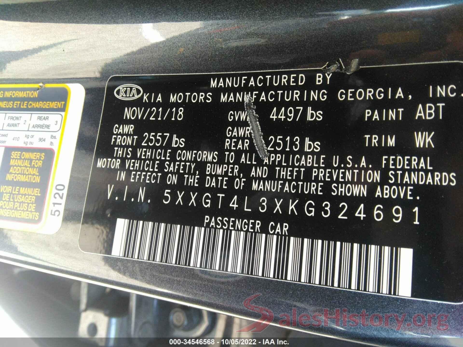 5XXGT4L3XKG324691 2019 KIA OPTIMA