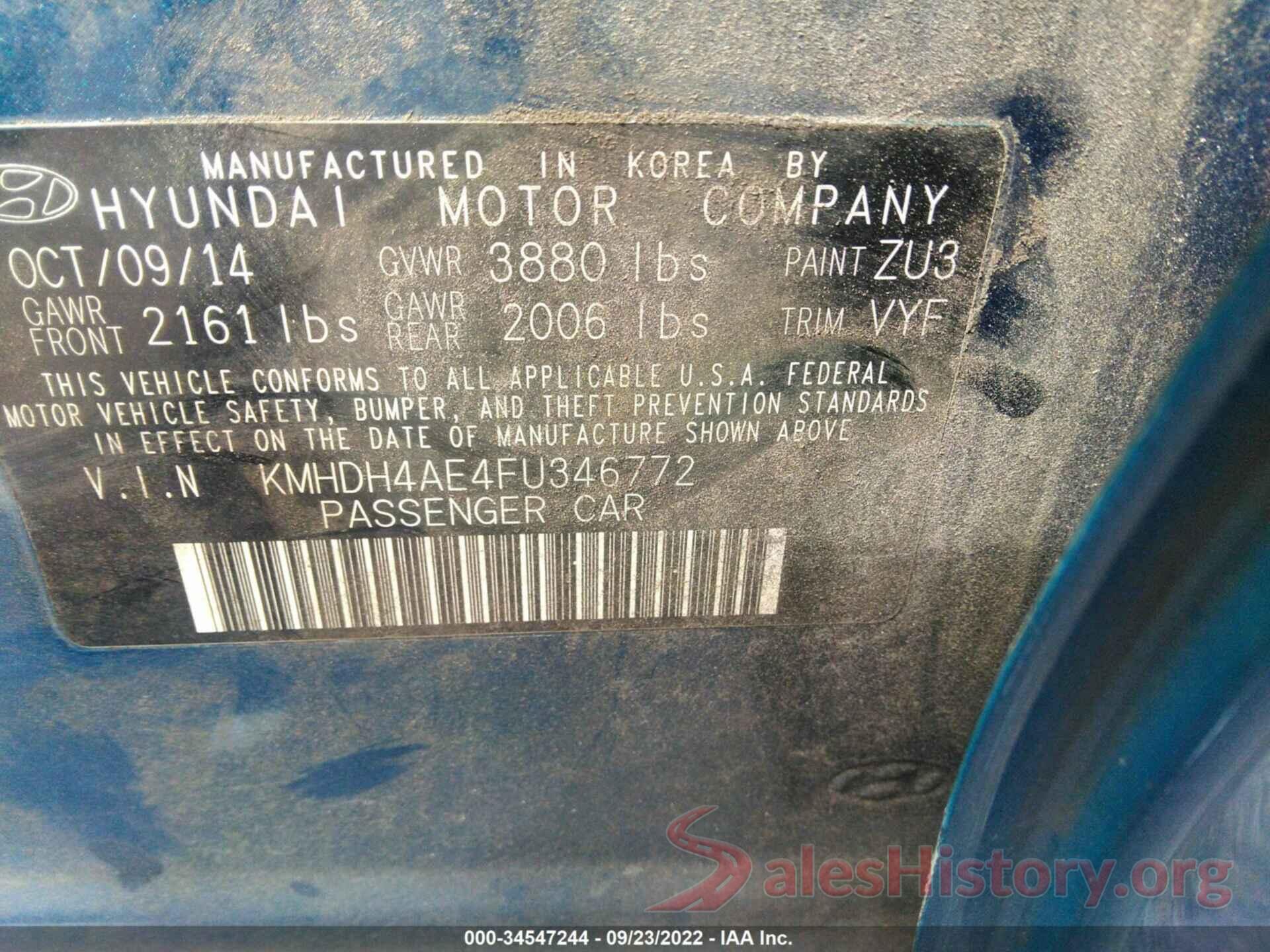 KMHDH4AE4FU346772 2015 HYUNDAI ELANTRA