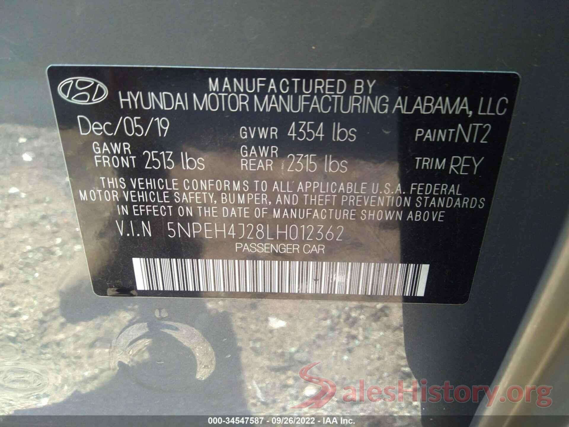 5NPEH4J28LH012362 2020 HYUNDAI SONATA