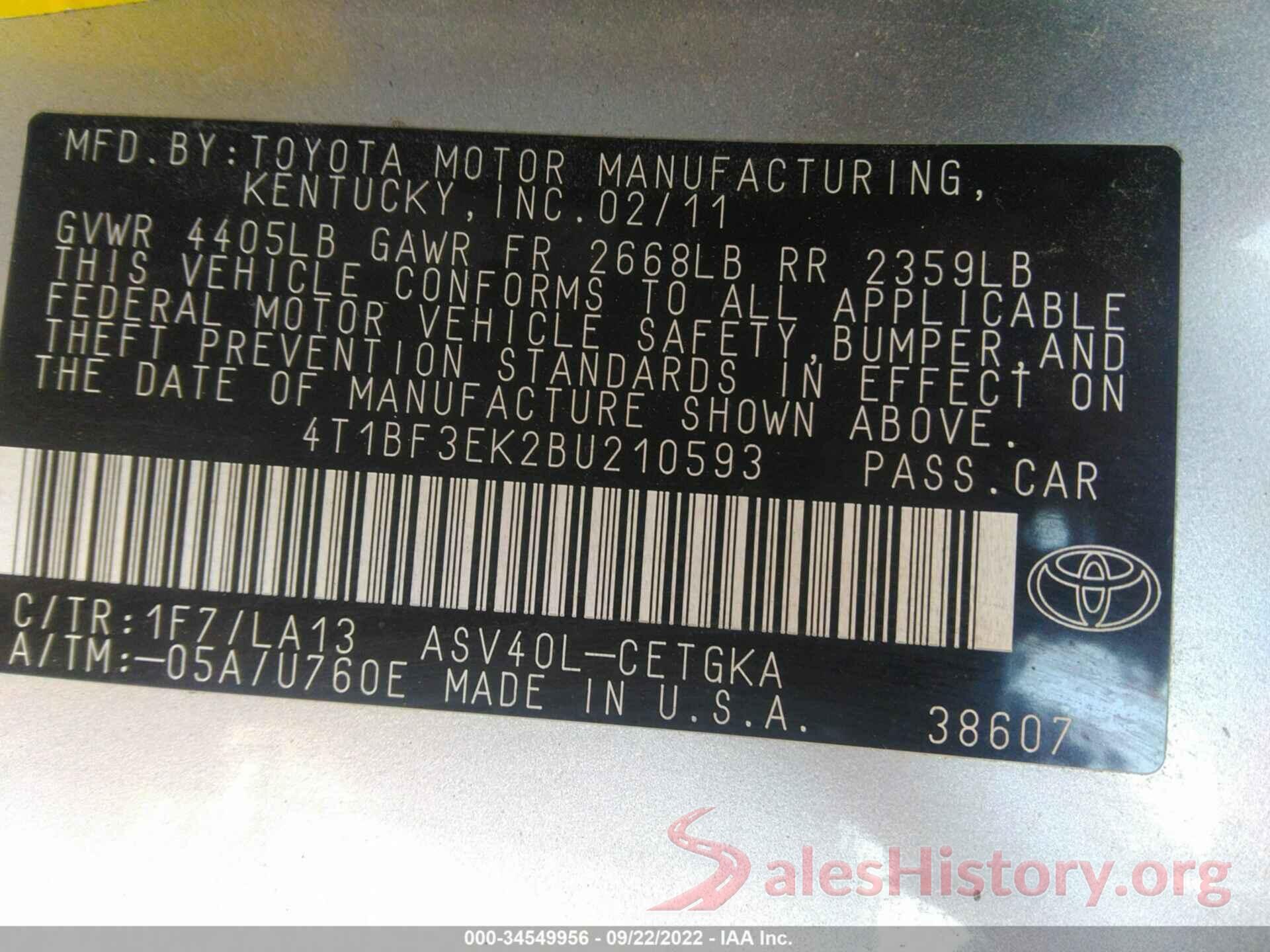 4T1BF3EK2BU210593 2011 TOYOTA CAMRY