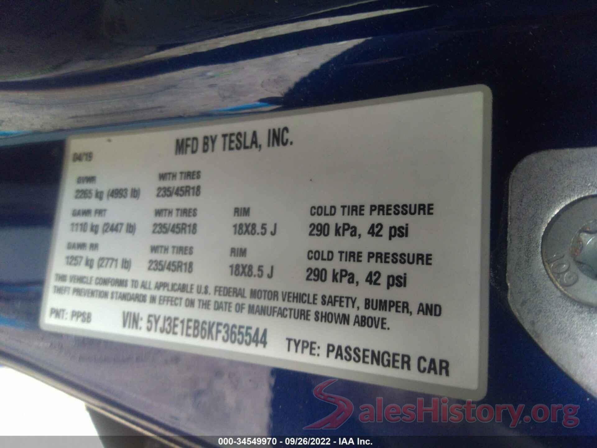 5YJ3E1EB6KF365544 2019 TESLA MODEL 3