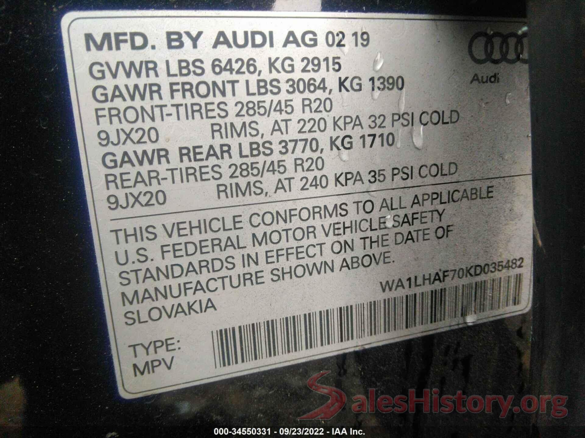 WA1LHAF70KD035482 2019 AUDI Q7